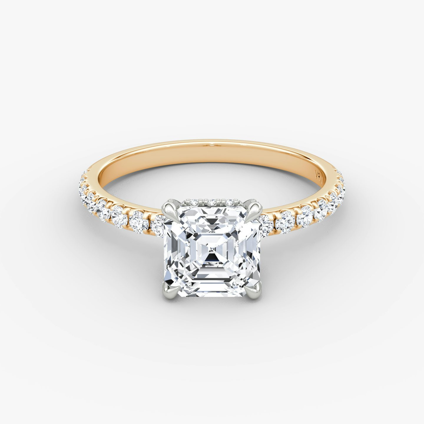 The Classic Hidden Halo | Asscher | 14k | Rose Gold and Platinum | bandAccent: Pavé | bandWidth: large | prongStyle: Pavé | diamondOrientation: vertical | caratWeight: other