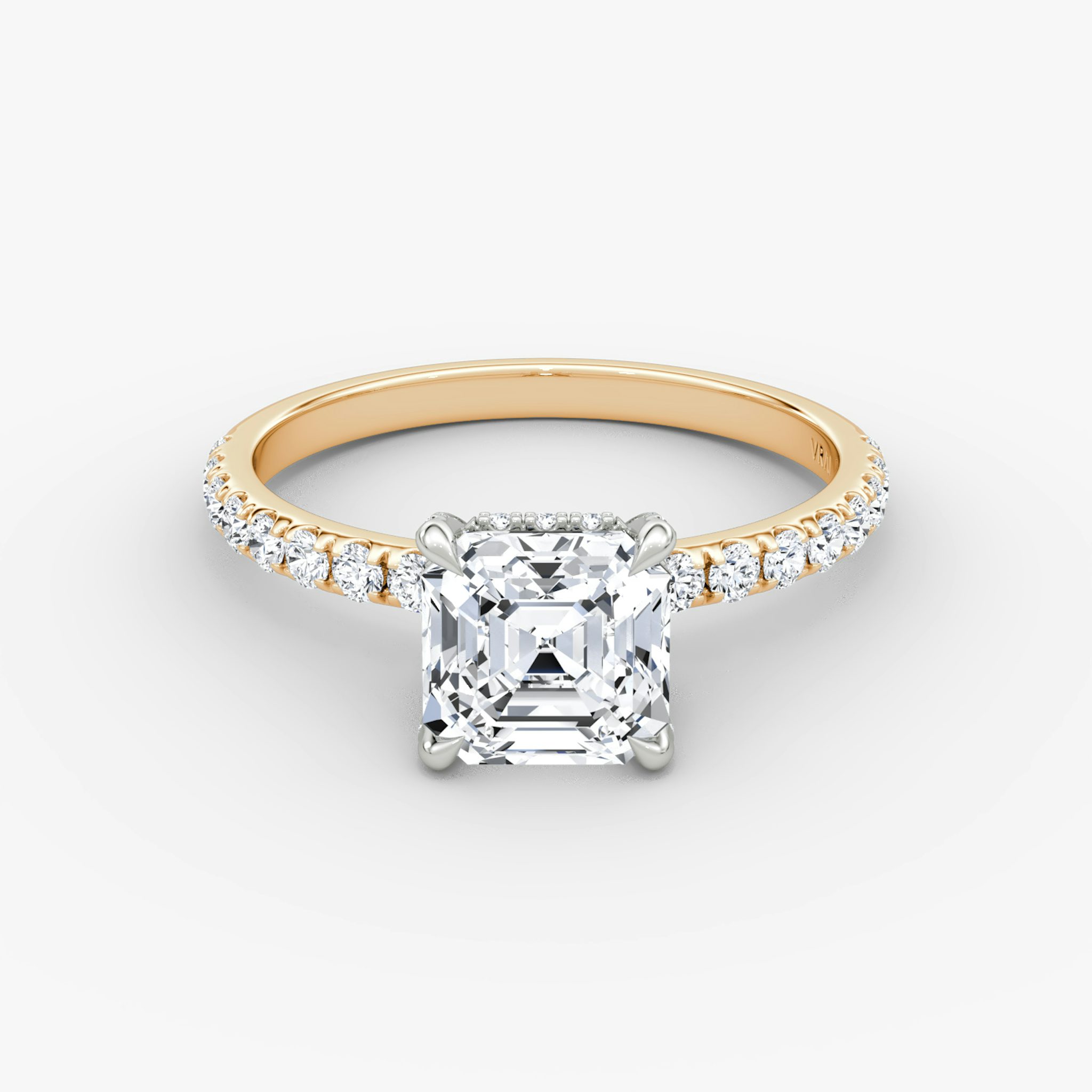 The Classic Hidden Halo | Asscher | 14k | Rose Gold and Platinum | bandAccent: Pavé | bandWidth: large | prongStyle: Pavé | diamondOrientation: vertical | caratWeight: other