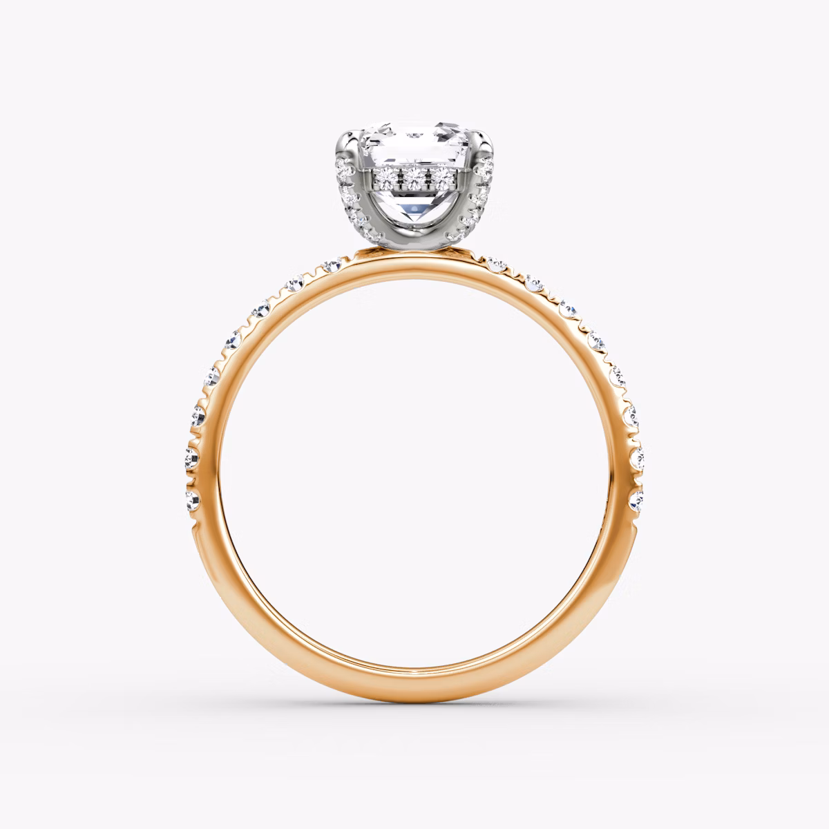 The Classic Hidden Halo | Asscher | 14k | Rose Gold and Platinum | bandAccent: Pavé | bandWidth: large | prongStyle: Pavé | diamondOrientation: vertical | caratWeight: other