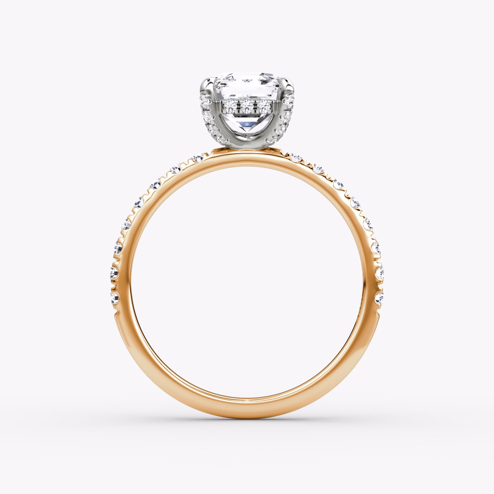 The Classic Hidden Halo | Asscher | 14k | Rose Gold and Platinum | bandAccent: Pavé | bandWidth: large | prongStyle: Pavé | diamondOrientation: vertical | caratWeight: other