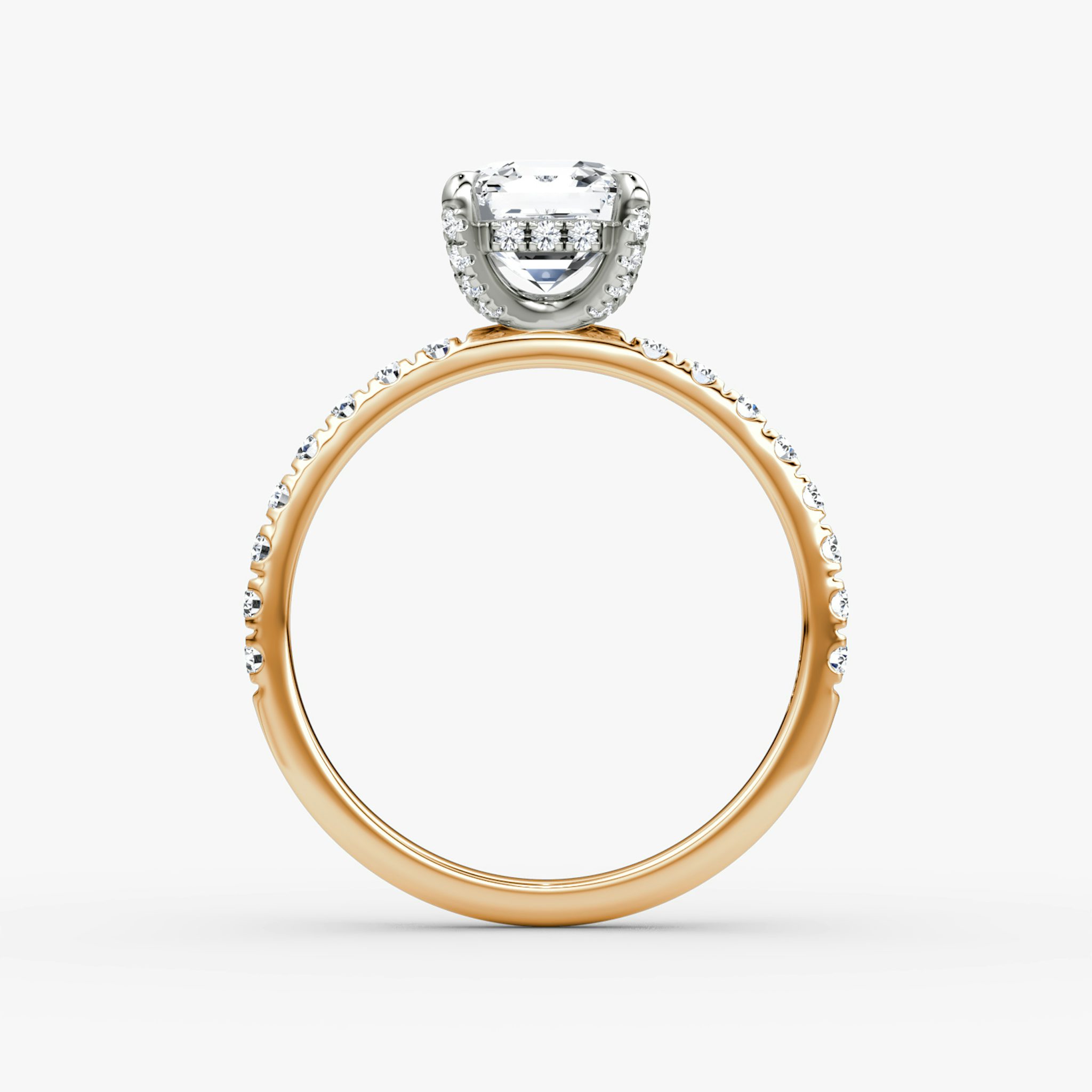 The Classic Hidden Halo | Asscher | 14k | Rose Gold and Platinum | bandAccent: Pavé | bandWidth: large | prongStyle: Pavé | diamondOrientation: vertical | caratWeight: other