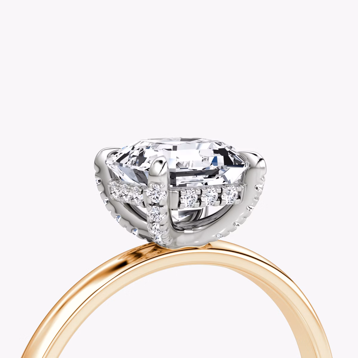 The Classic Hidden Halo | Asscher | 14k | Rose Gold and Platinum | bandAccent: Plain | bandWidth: large | prongStyle: Pavé | diamondOrientation: vertical | caratWeight: other