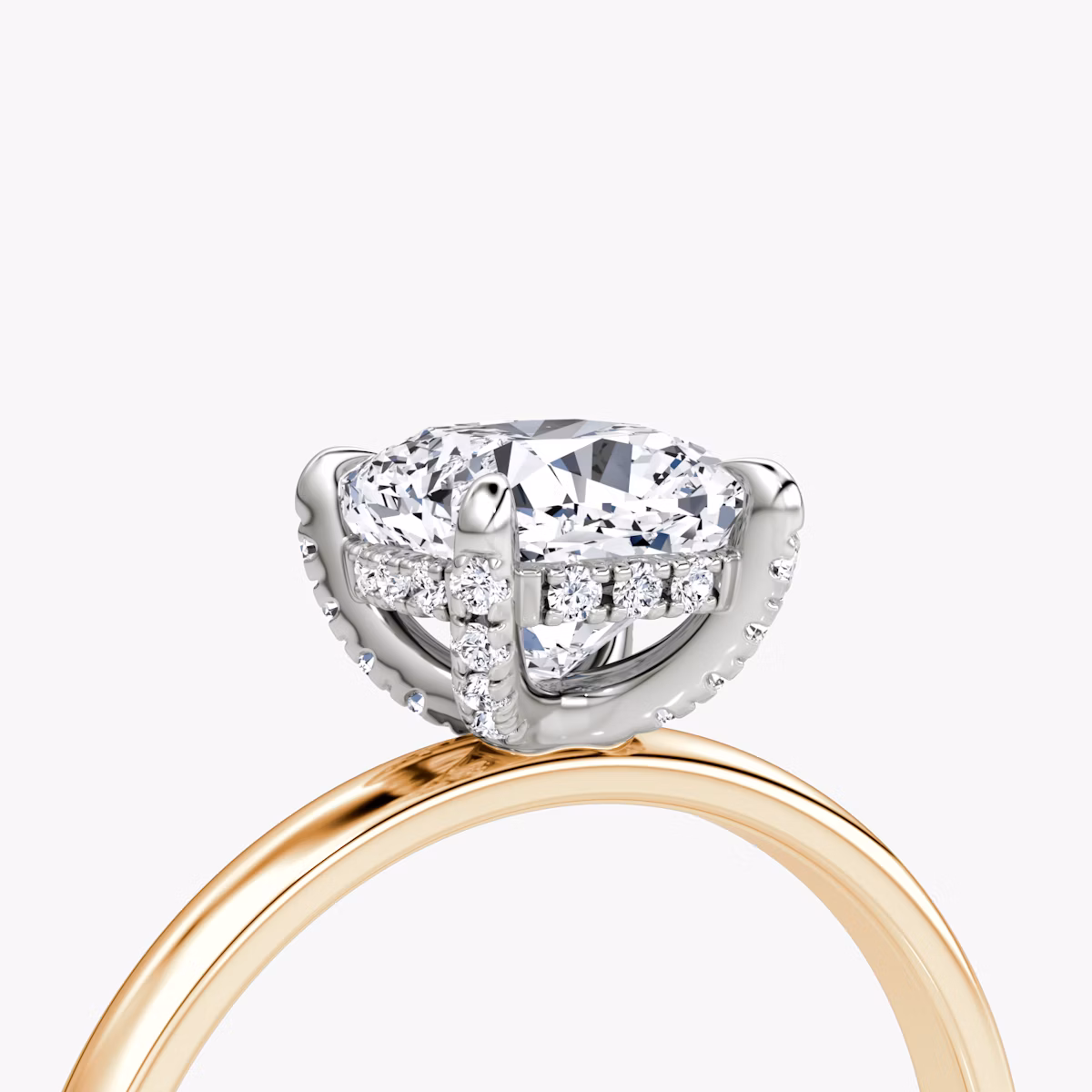 The Classic Hidden Halo | Cushion | 14k | Rose Gold and Platinum | bandAccent: Plain | bandWidth: large | prongStyle: Pavé | diamondOrientation: vertical | caratWeight: other