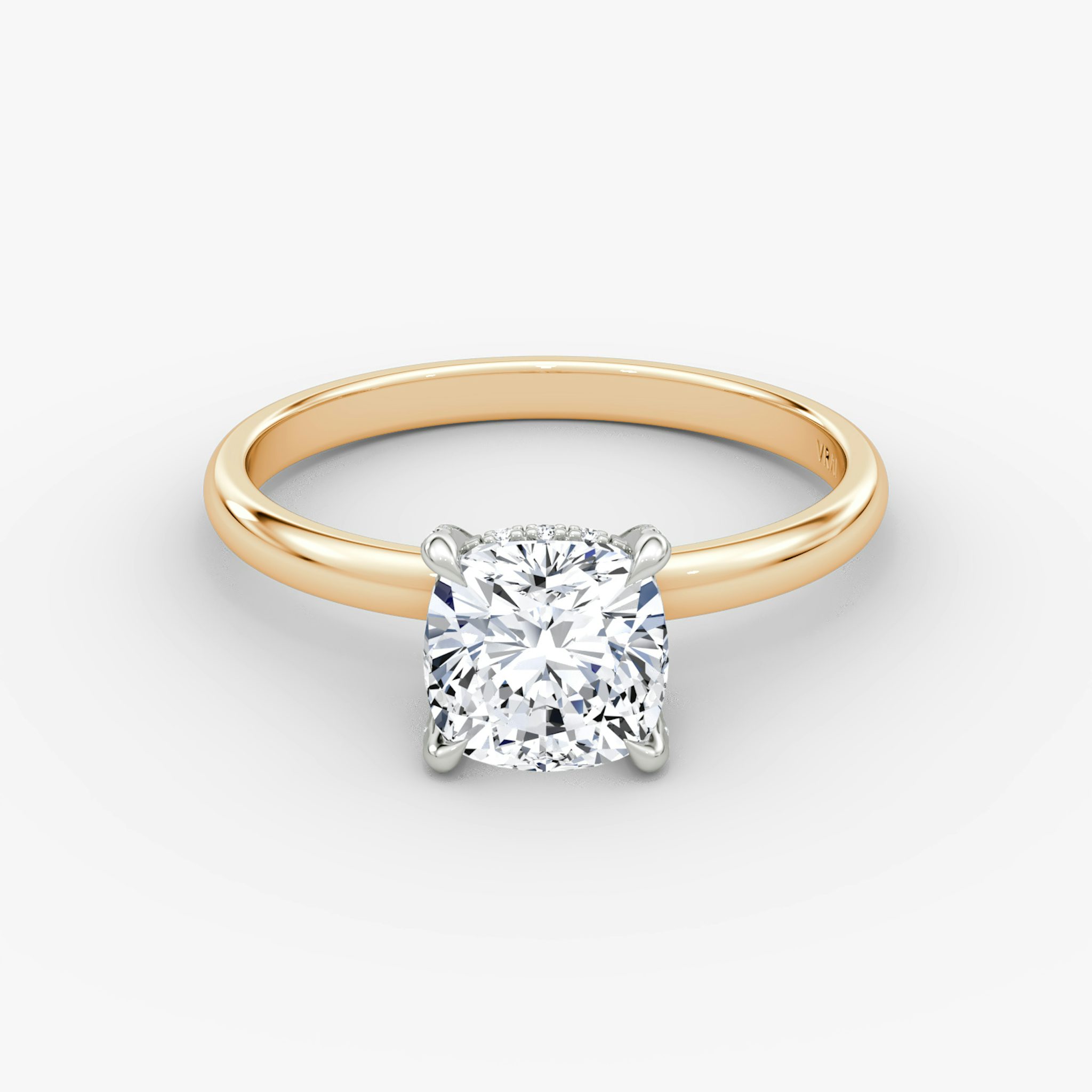 The Classic Hidden Halo | Cushion | 14k | Rose Gold and Platinum | bandAccent: Plain | bandWidth: large | prongStyle: Pavé | diamondOrientation: vertical | caratWeight: other