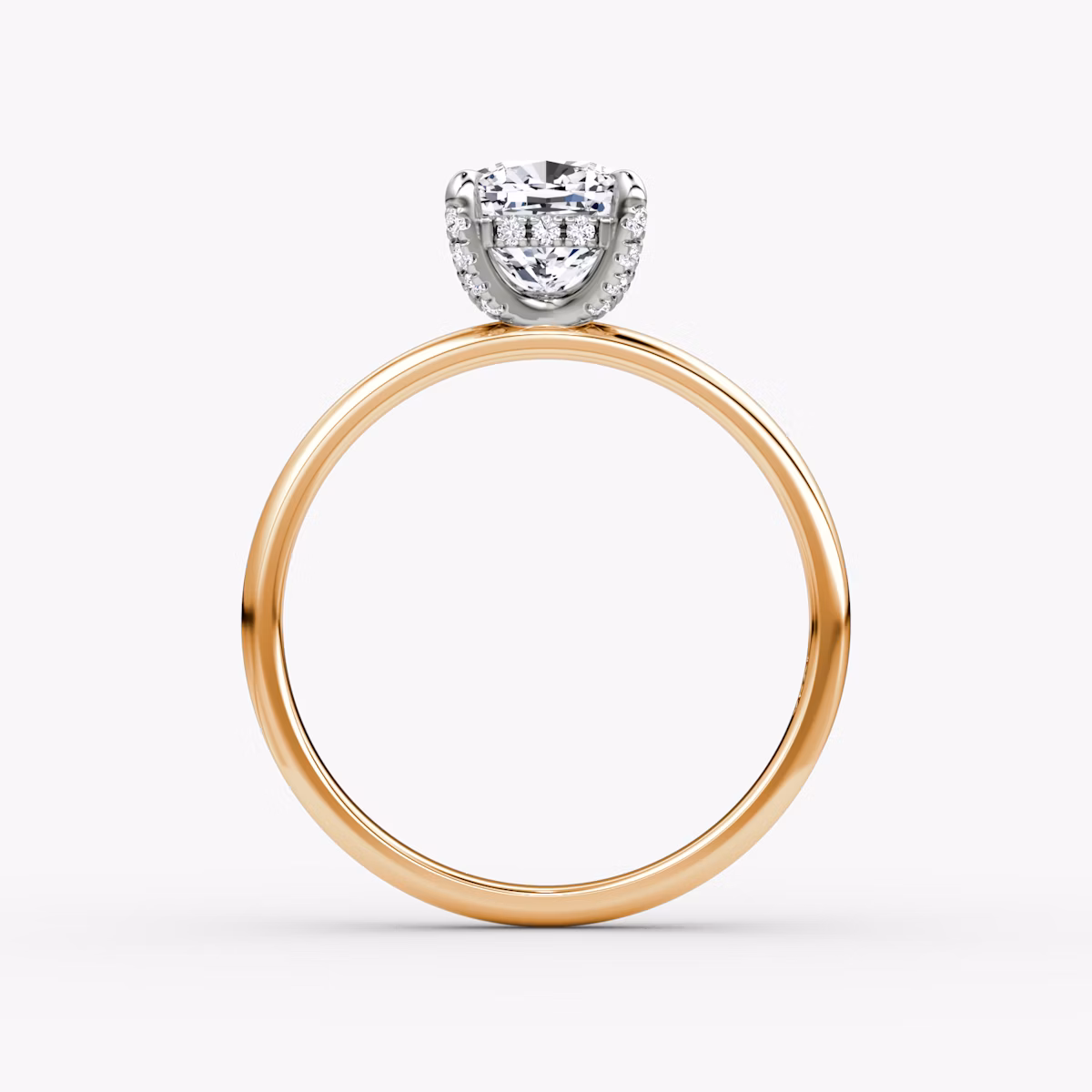 The Classic Hidden Halo | Cushion | 14k | Rose Gold and Platinum | bandAccent: Plain | bandWidth: large | prongStyle: Pavé | diamondOrientation: vertical | caratWeight: other