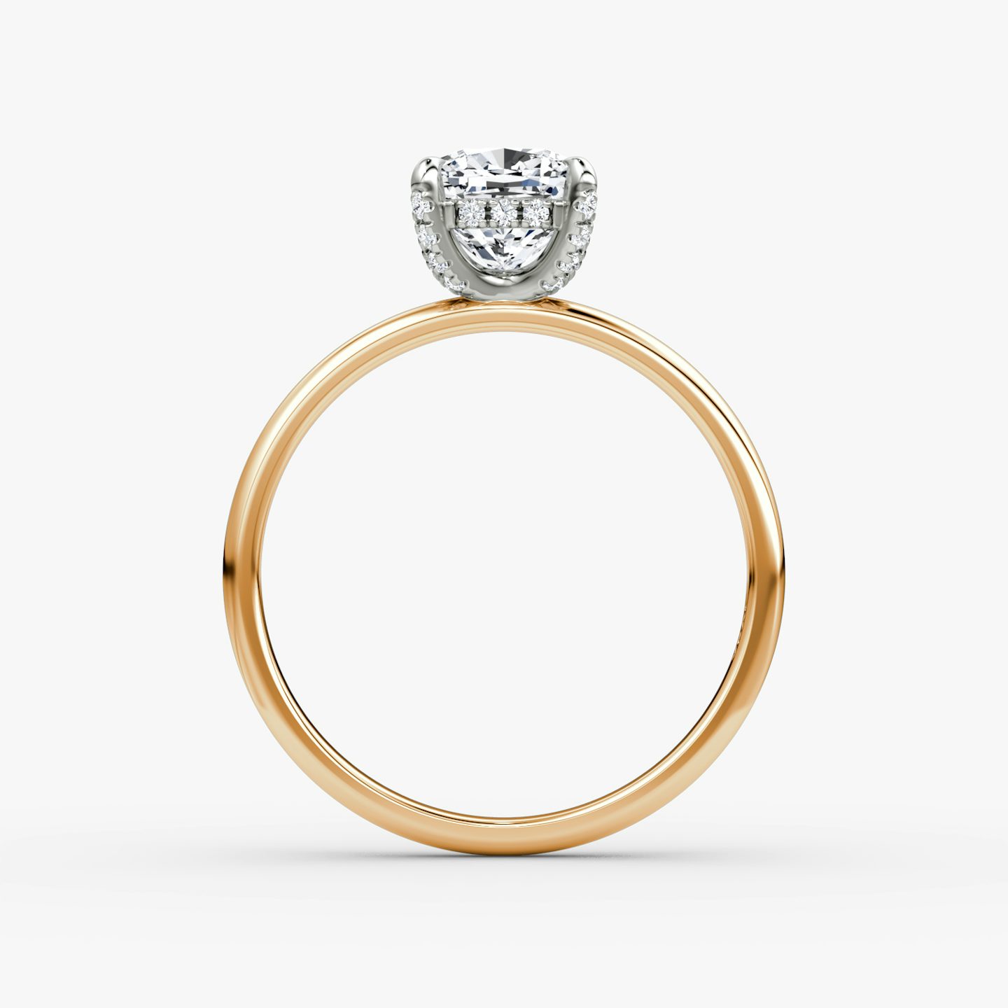 The Classic Hidden Halo | Cushion | 14k | Rose Gold and Platinum | bandAccent: Plain | bandWidth: large | prongStyle: Pavé | diamondOrientation: vertical | caratWeight: other