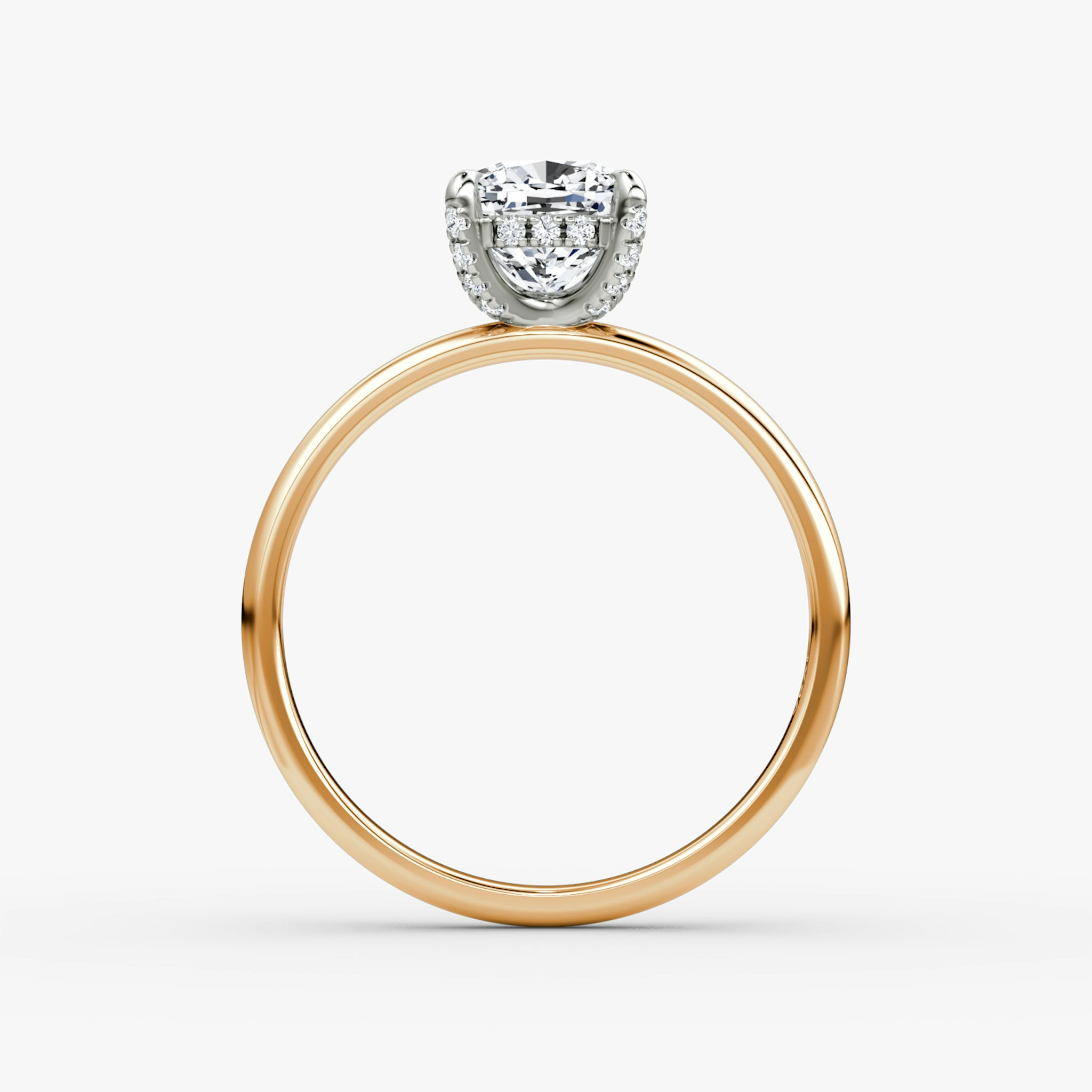 The Classic Hidden Halo | Cushion | 14k | Rose Gold and Platinum | bandAccent: Plain | bandWidth: large | prongStyle: Pavé | diamondOrientation: vertical | caratWeight: other