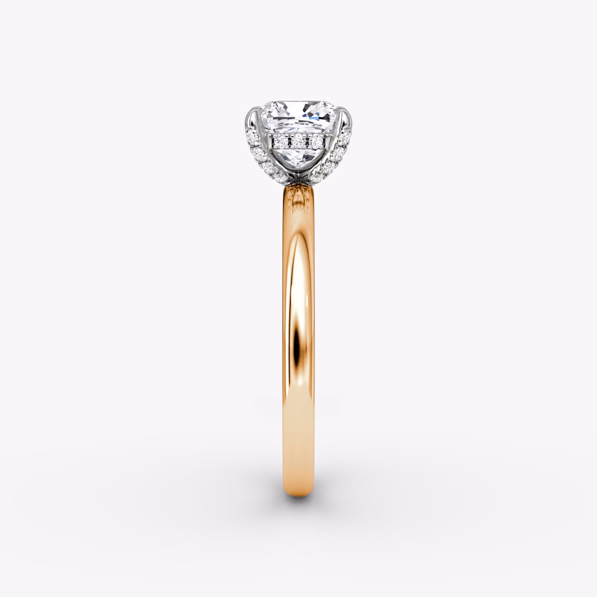 The Classic Hidden Halo | Cushion | 14k | Rose Gold and Platinum | bandAccent: Plain | bandWidth: large | prongStyle: Pavé | diamondOrientation: vertical | caratWeight: other