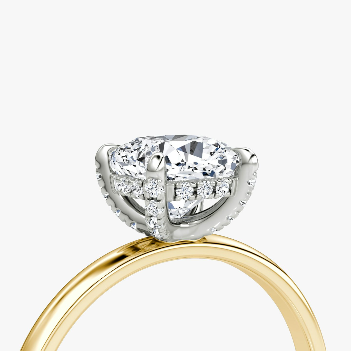 The Classic Hidden Halo | Cushion | 18k | Yellow Gold and Platinum | bandAccent: Plain | bandWidth: large | prongStyle: Pavé | diamondOrientation: vertical | caratWeight: other