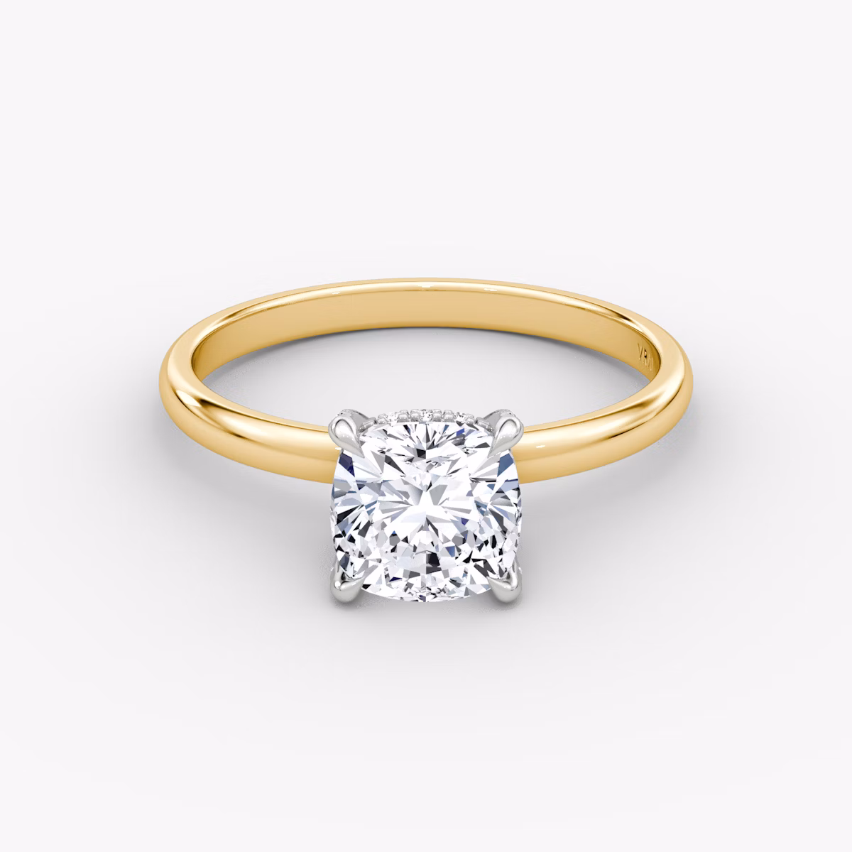 The Classic Hidden Halo | Cushion | 18k | Yellow Gold and Platinum | bandAccent: Plain | bandWidth: large | prongStyle: Pavé | diamondOrientation: vertical | caratWeight: other