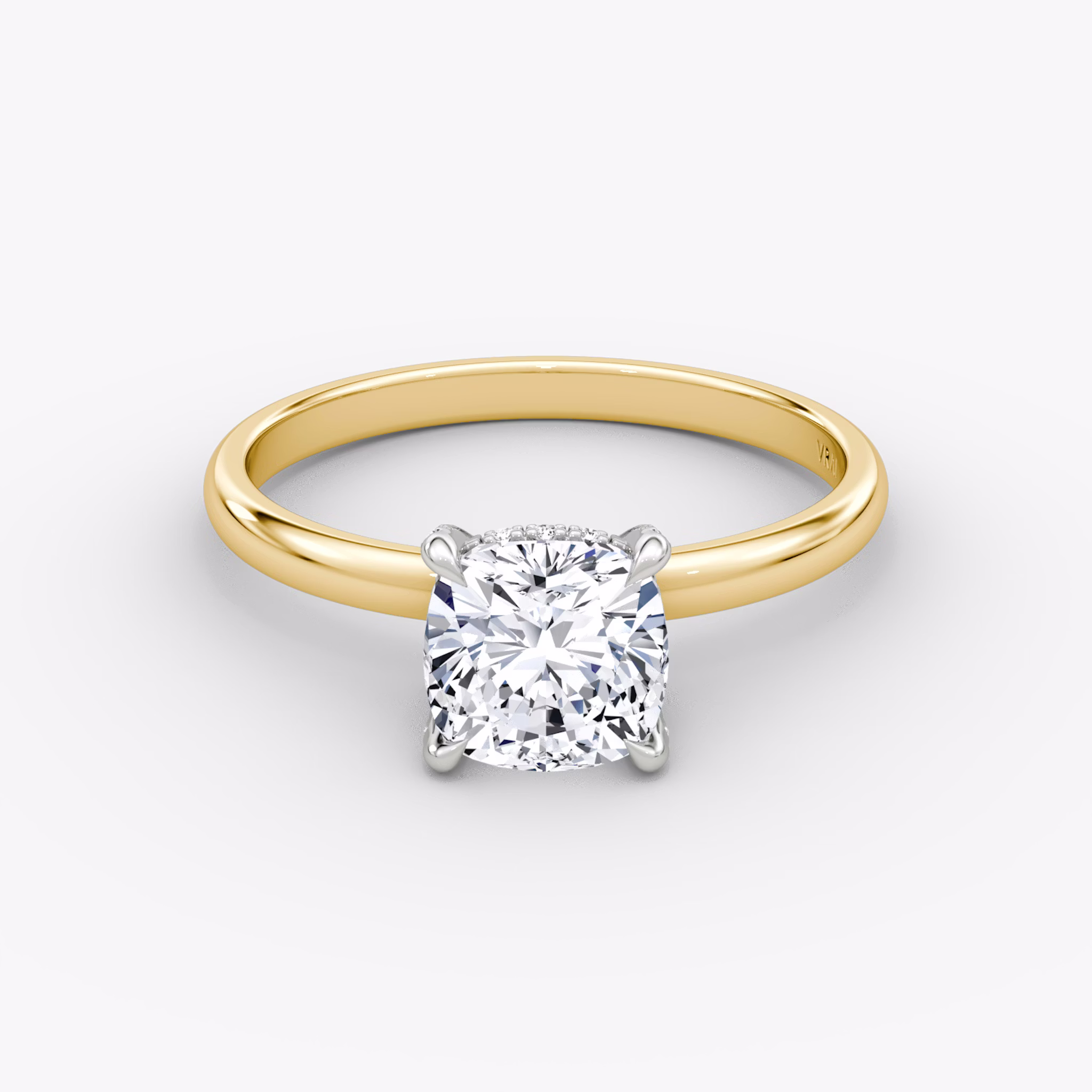 The Classic Hidden Halo | Cushion | 18k | Yellow Gold and Platinum | bandAccent: Plain | bandWidth: large | prongStyle: Pavé | diamondOrientation: vertical | caratWeight: other
