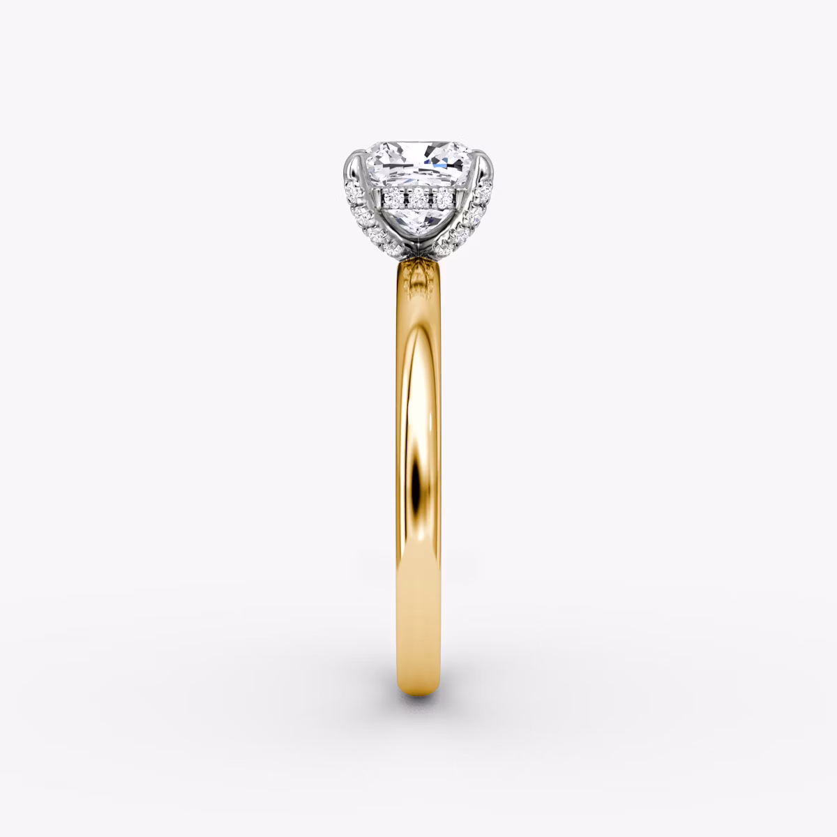The Classic Hidden Halo | Cushion | 18k | Yellow Gold and Platinum | bandAccent: Plain | bandWidth: large | prongStyle: Pavé | diamondOrientation: vertical | caratWeight: other