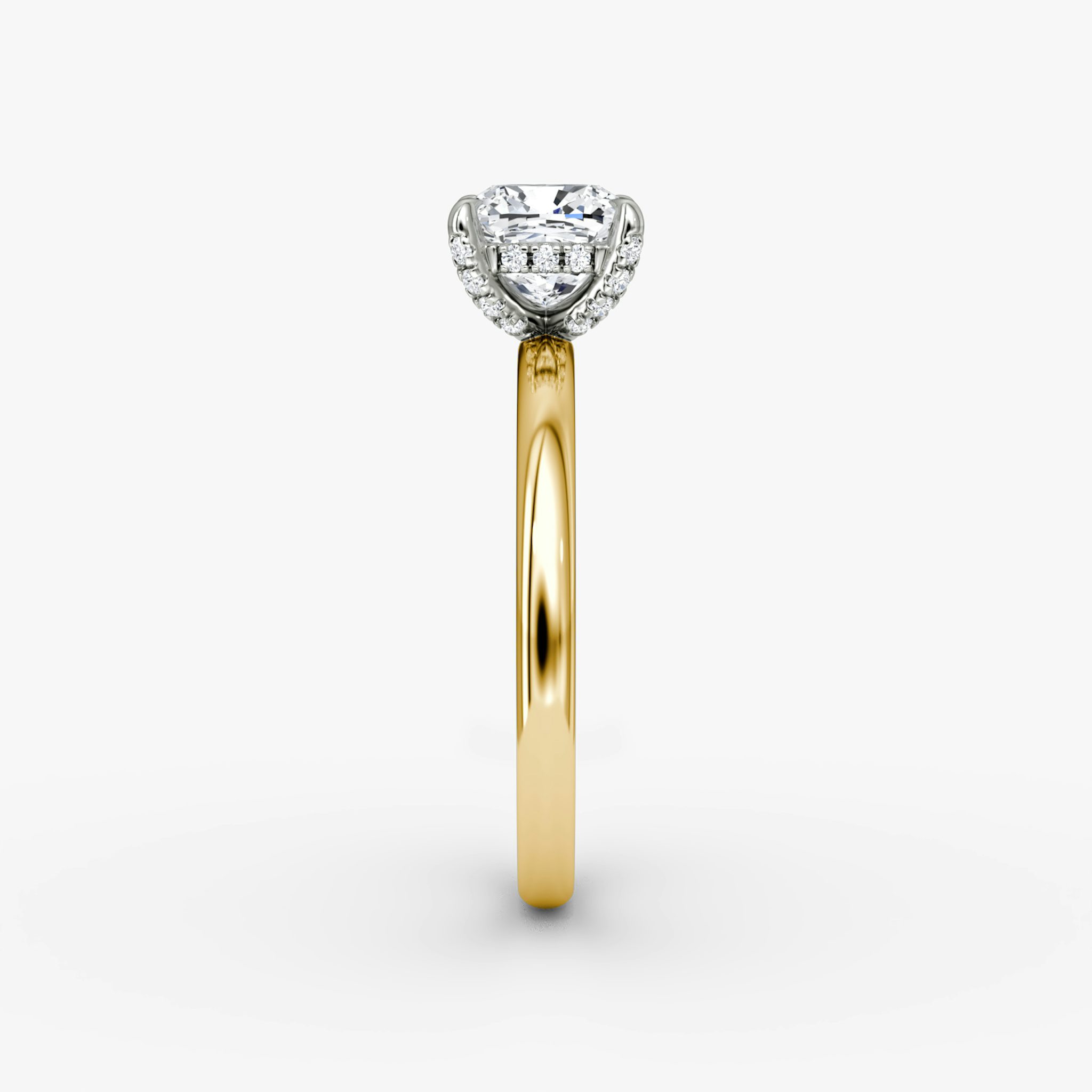 The Classic Hidden Halo | Cushion | 18k | Yellow Gold and Platinum | bandAccent: Plain | bandWidth: large | prongStyle: Pavé | diamondOrientation: vertical | caratWeight: other