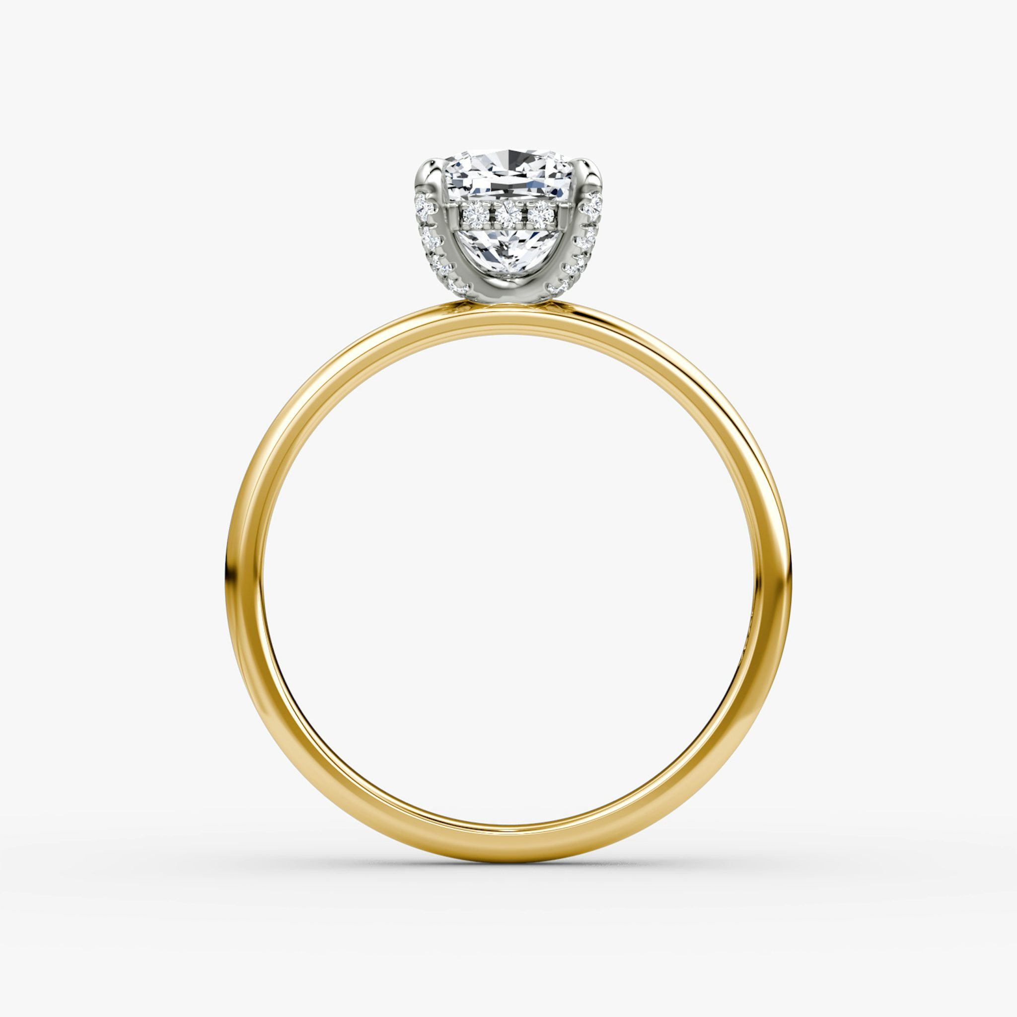 The Classic Hidden Halo | Cushion | 18k | Yellow Gold and Platinum | bandAccent: Plain | bandWidth: large | prongStyle: Pavé | diamondOrientation: vertical | caratWeight: other