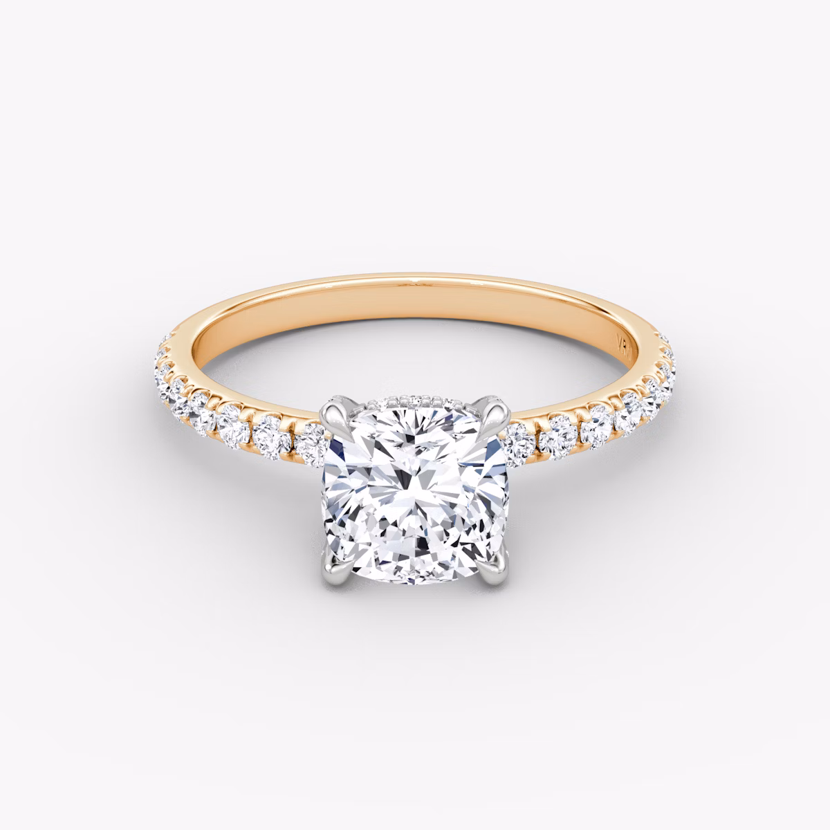 The Classic Hidden Halo | Cushion | 14k | Rose Gold and Platinum | bandAccent: Pavé | bandWidth: large | prongStyle: Pavé | diamondOrientation: vertical | caratWeight: other