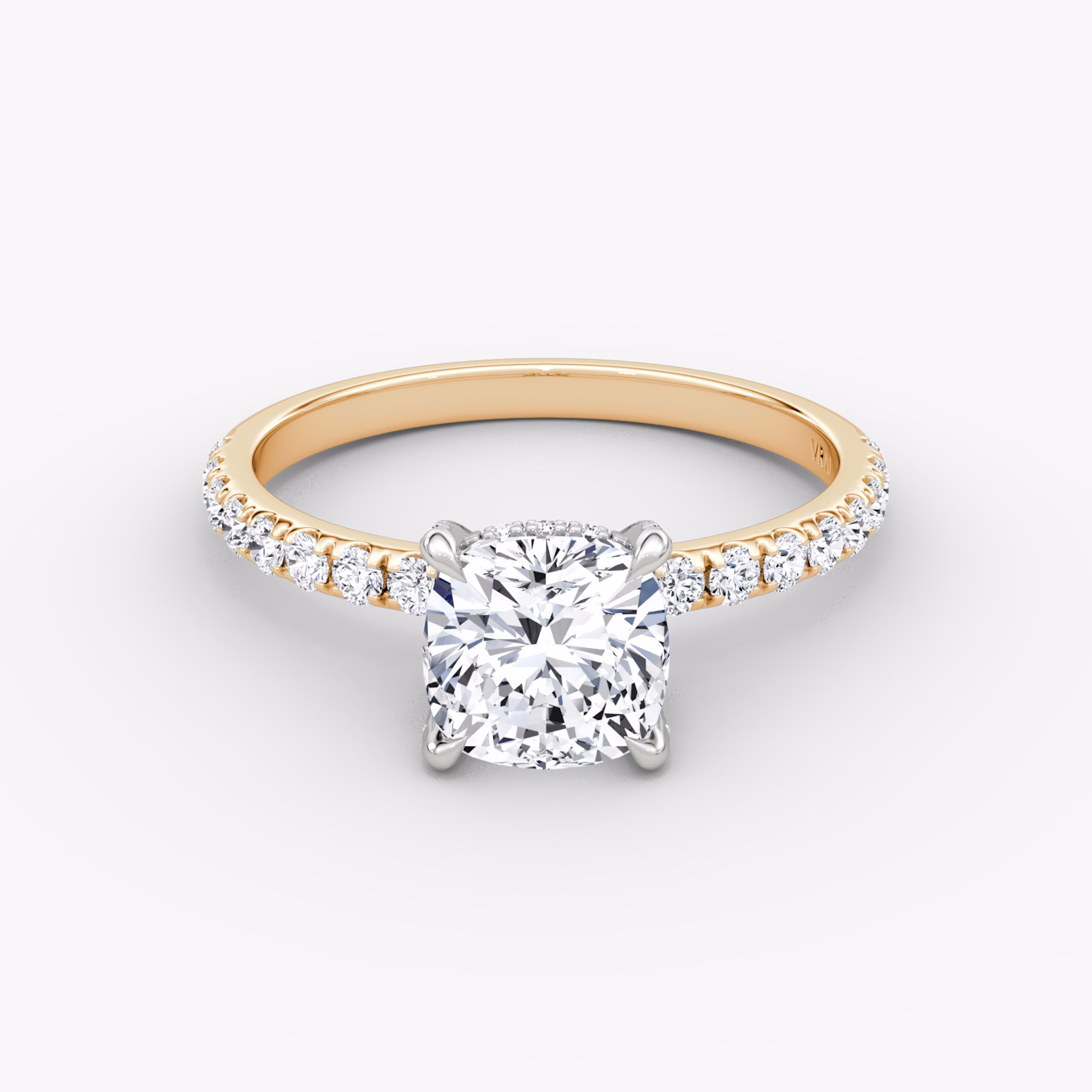 The Classic Hidden Halo | Cushion | 14k | Rose Gold and Platinum | bandAccent: Pavé | bandWidth: large | prongStyle: Pavé | diamondOrientation: vertical | caratWeight: other