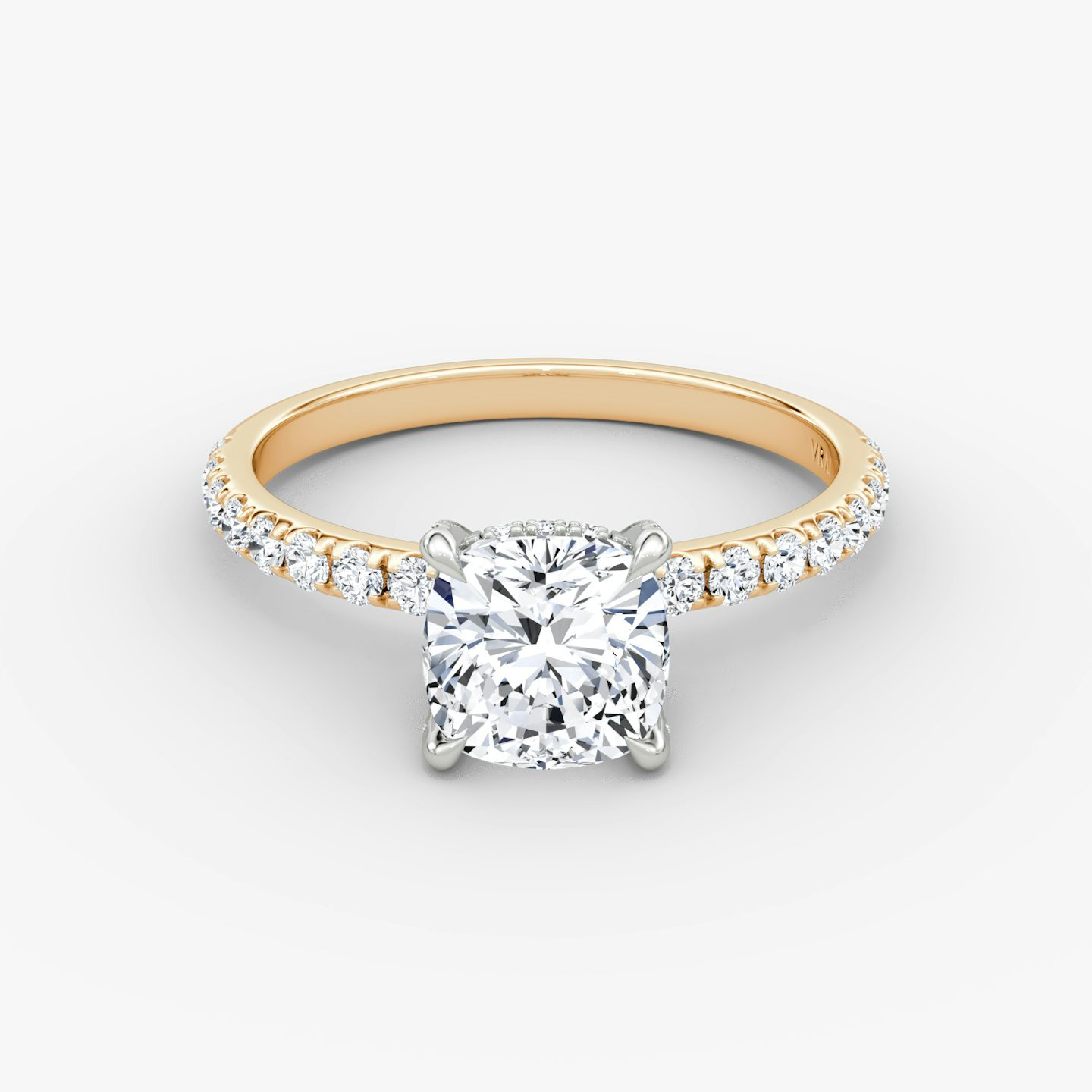 The Classic Hidden Halo | Cushion | 14k | Rose Gold and Platinum | bandAccent: Pavé | bandWidth: large | prongStyle: Pavé | diamondOrientation: vertical | caratWeight: other