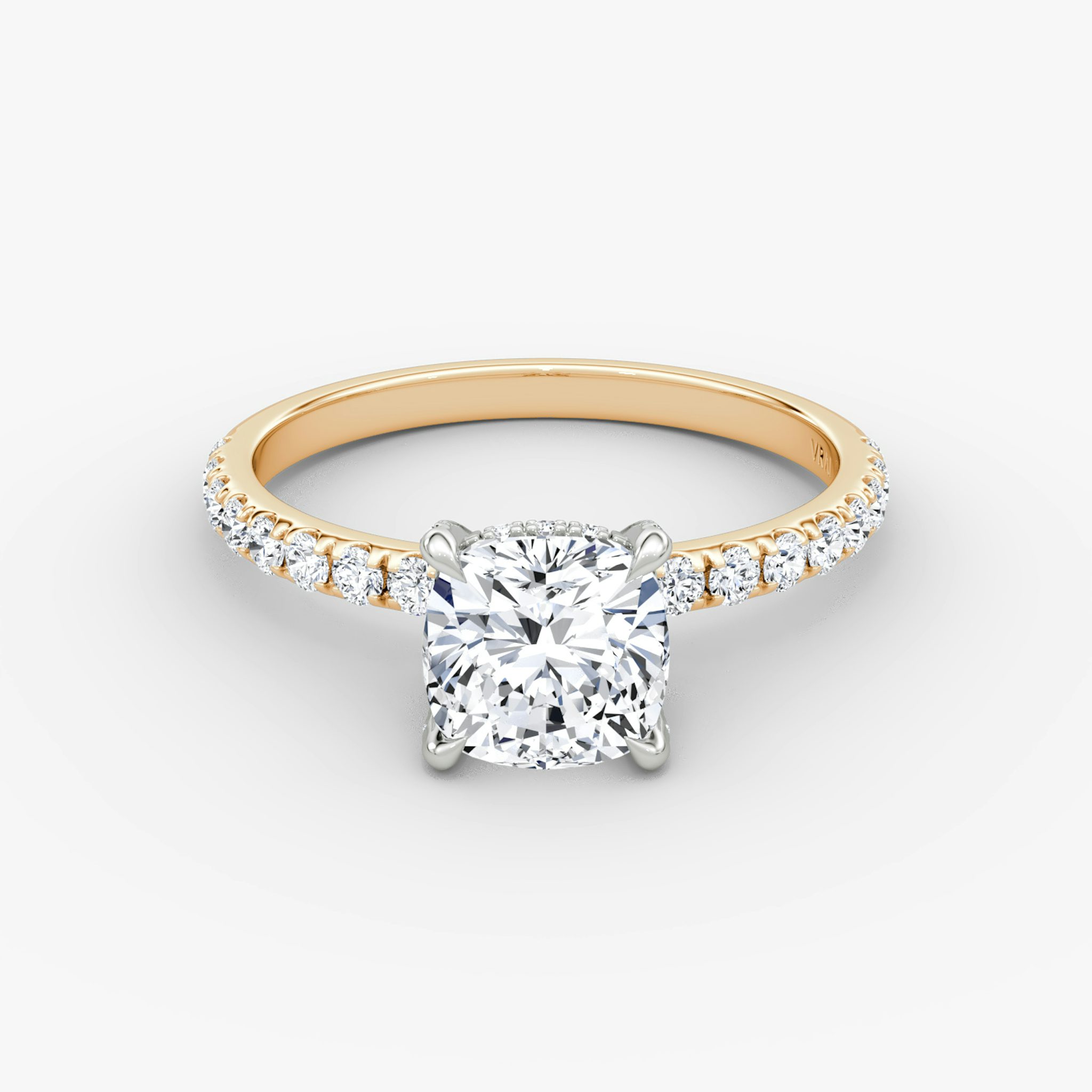 The Classic Hidden Halo | Cushion | 14k | Rose Gold and Platinum | bandAccent: Pavé | bandWidth: large | prongStyle: Pavé | diamondOrientation: vertical | caratWeight: other