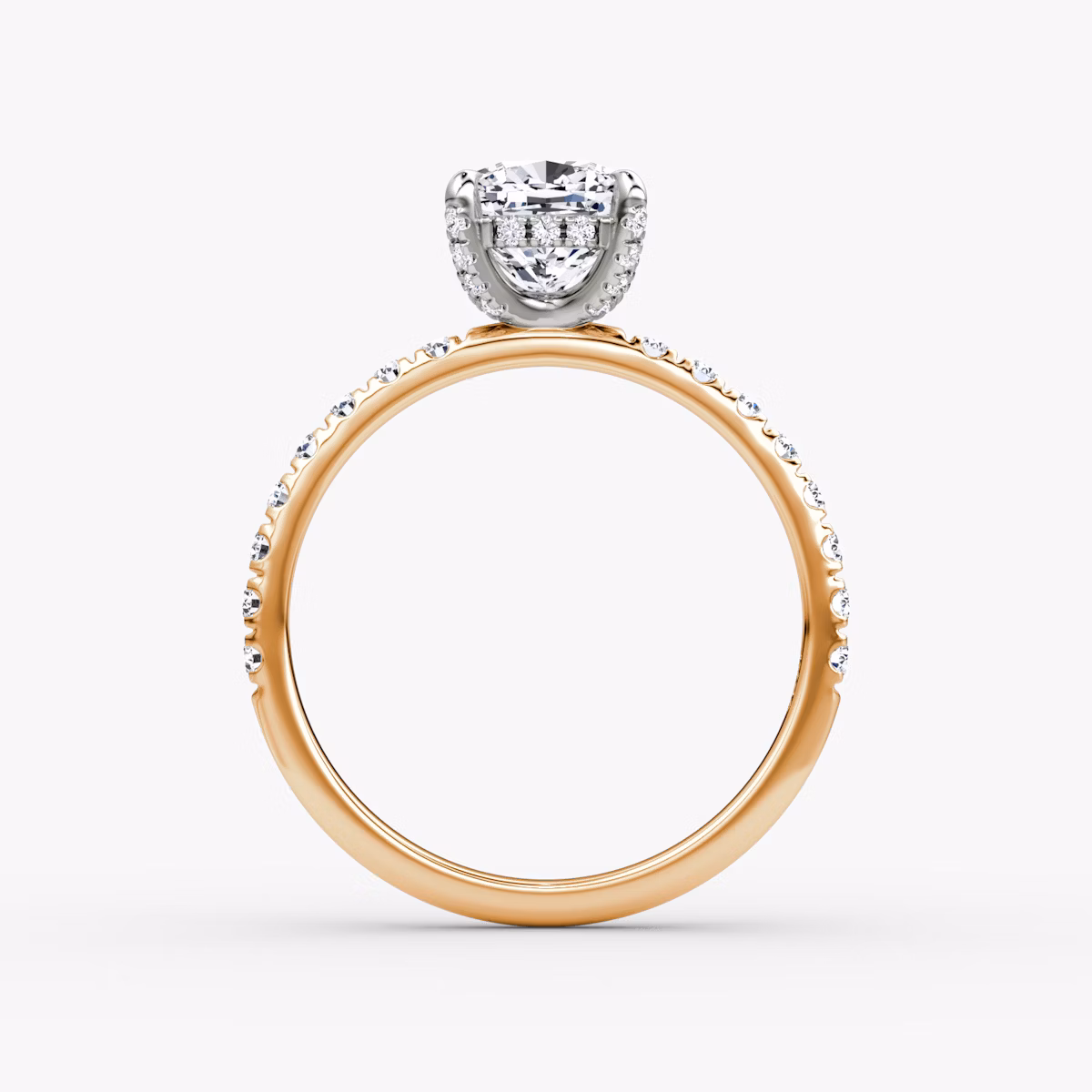 The Classic Hidden Halo | Cushion | 14k | Rose Gold and Platinum | bandAccent: Pavé | bandWidth: large | prongStyle: Pavé | diamondOrientation: vertical | caratWeight: other