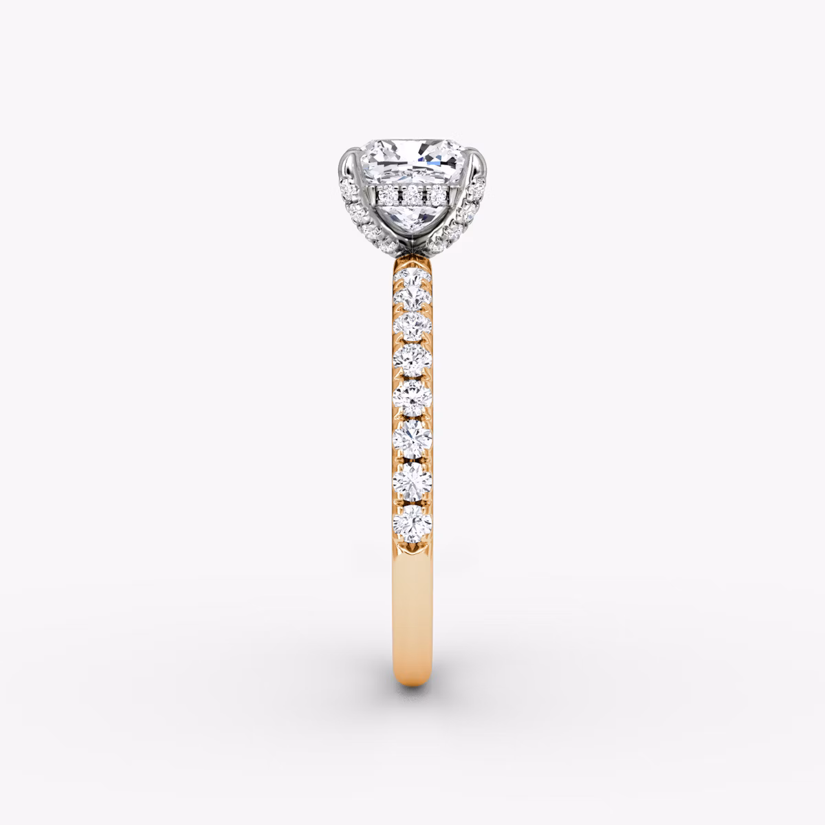 The Classic Hidden Halo | Cushion | 14k | Rose Gold and Platinum | bandAccent: Pavé | bandWidth: large | prongStyle: Pavé | diamondOrientation: vertical | caratWeight: other