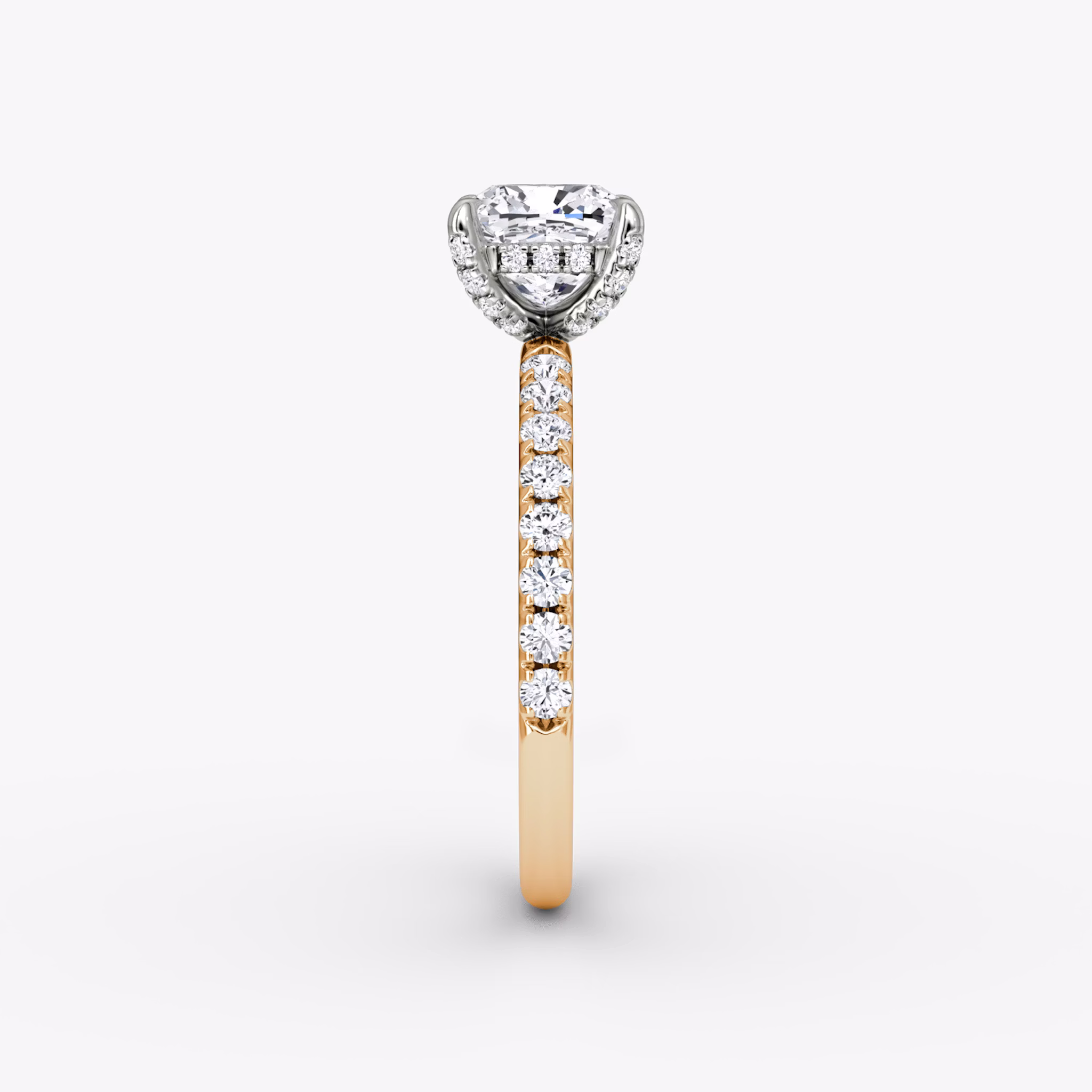 The Classic Hidden Halo | Cushion | 14k | Rose Gold and Platinum | bandAccent: Pavé | bandWidth: large | prongStyle: Pavé | diamondOrientation: vertical | caratWeight: other