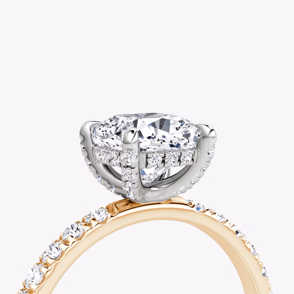 The Classic Hidden Halo | Cushion | 14k | Rose Gold and Platinum | bandAccent: Pavé | bandWidth: large | prongStyle: Pavé | diamondOrientation: vertical | caratWeight: other