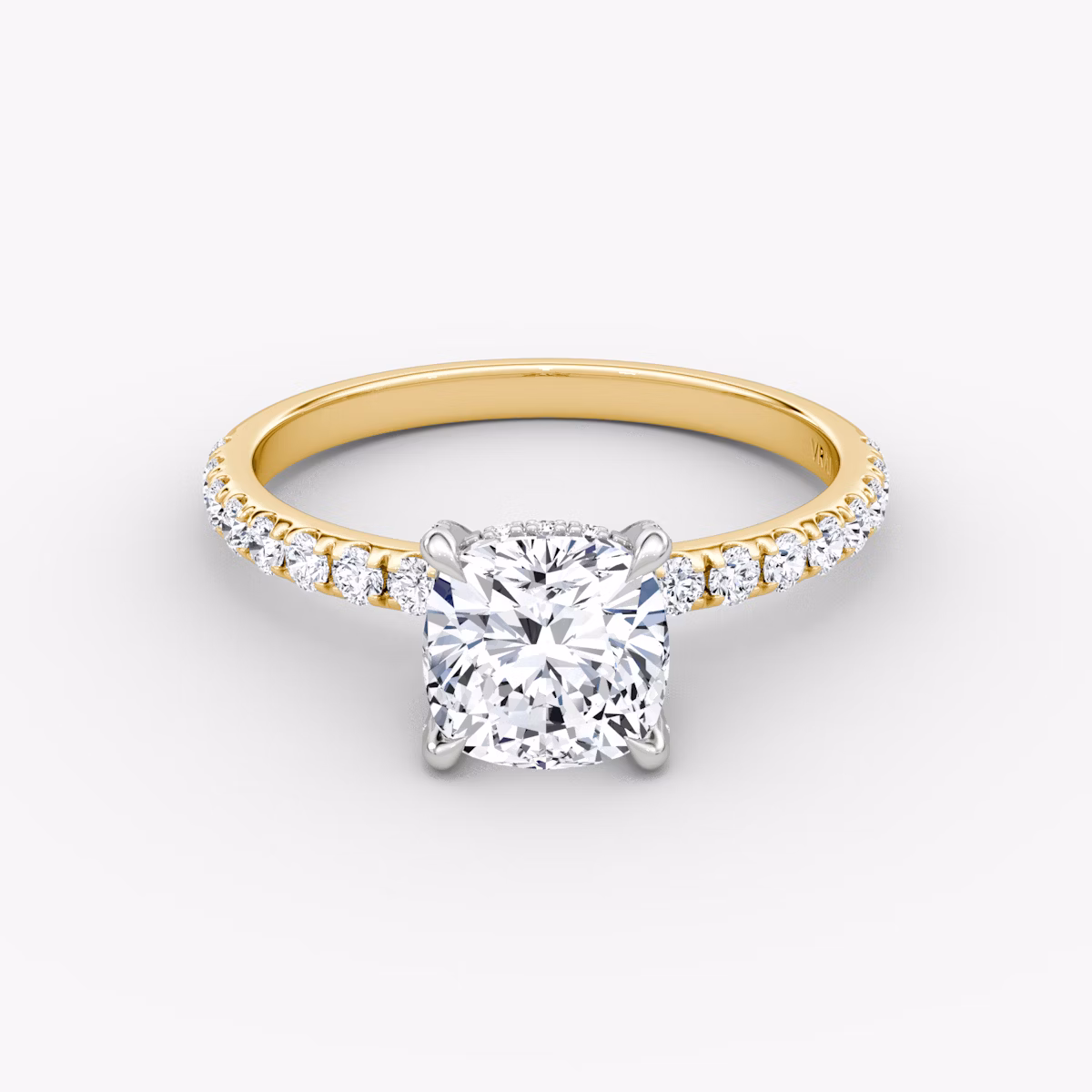 The Classic Hidden Halo | Cushion | 18k | Yellow Gold and Platinum | bandAccent: Pavé | bandWidth: large | prongStyle: Pavé | diamondOrientation: vertical | caratWeight: other