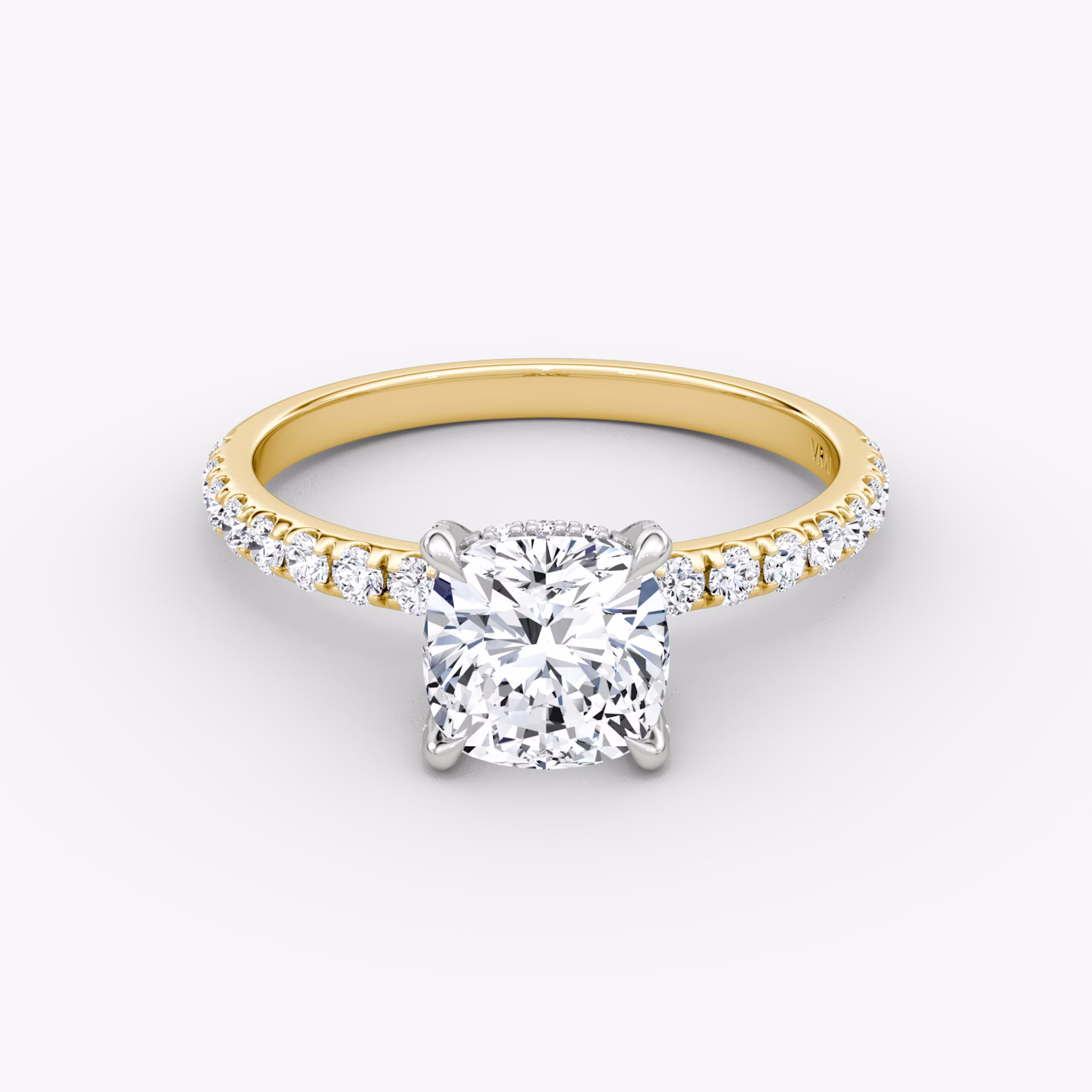 The Classic Hidden Halo | Cushion | 18k | Yellow Gold and Platinum | bandAccent: Pavé | bandWidth: large | prongStyle: Pavé | diamondOrientation: vertical | caratWeight: other