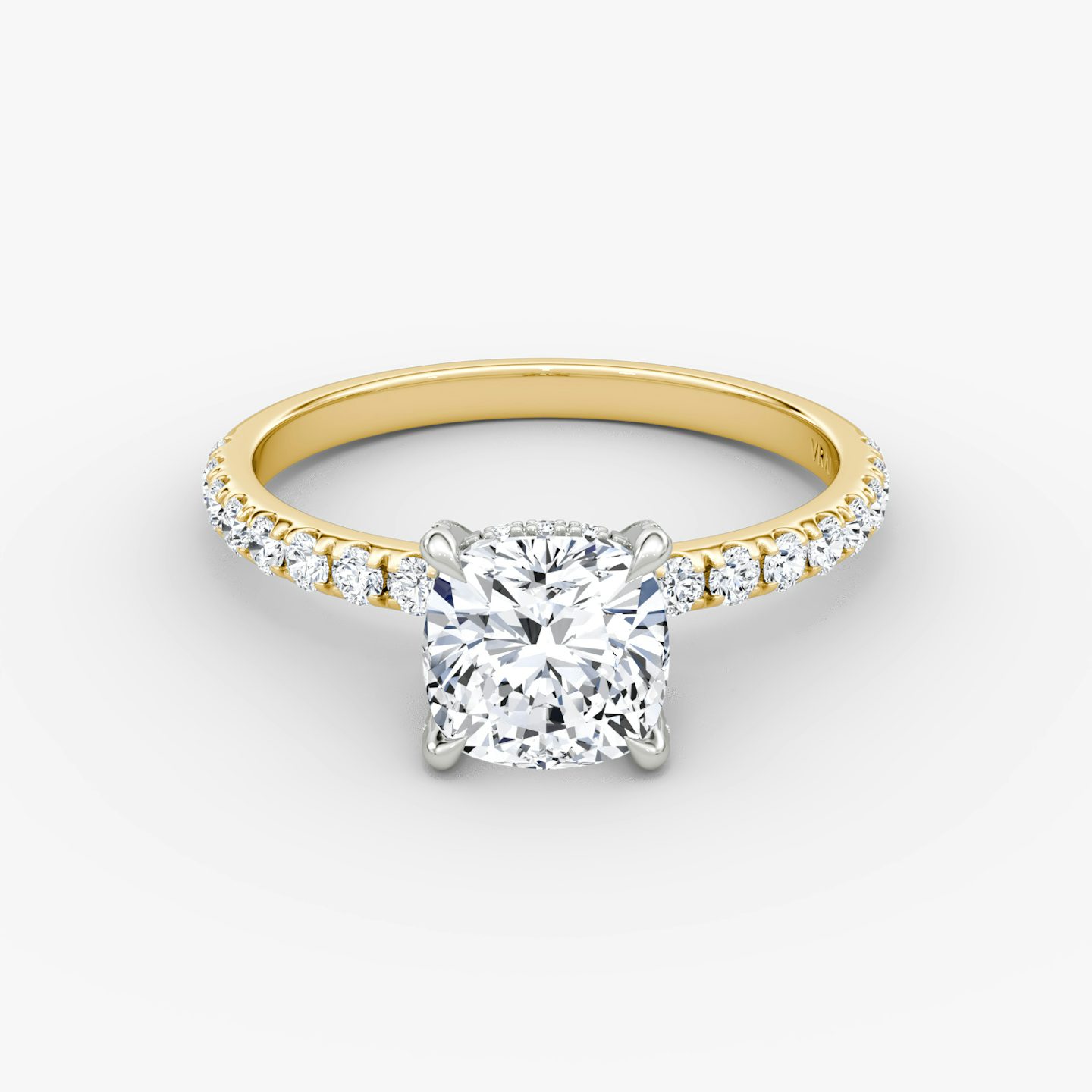 The Classic Hidden Halo | Cushion | 18k | Yellow Gold and Platinum | bandAccent: Pavé | bandWidth: large | prongStyle: Pavé | diamondOrientation: vertical | caratWeight: other