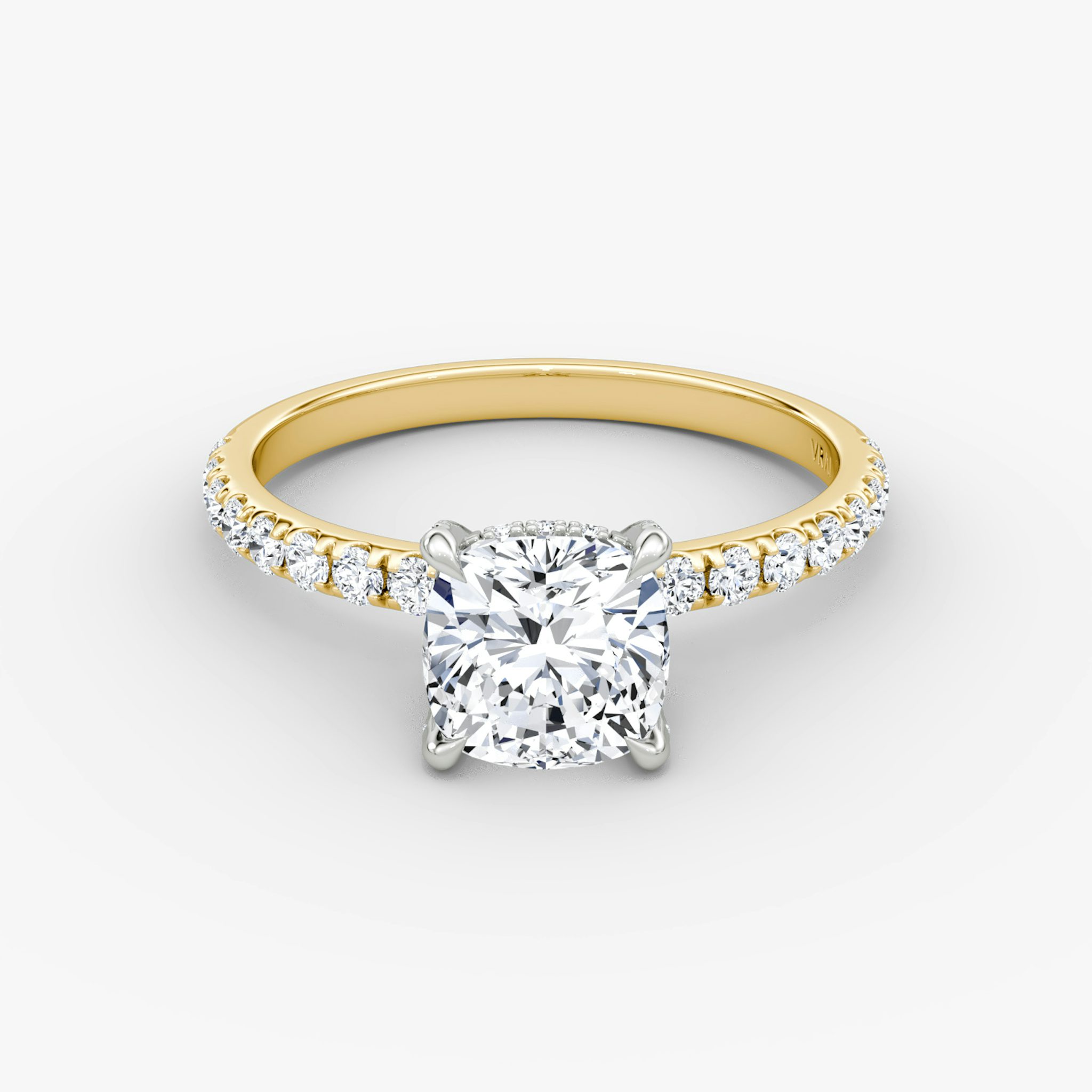 The Classic Hidden Halo | Cushion | 18k | Yellow Gold and Platinum | bandAccent: Pavé | bandWidth: large | prongStyle: Pavé | diamondOrientation: vertical | caratWeight: other