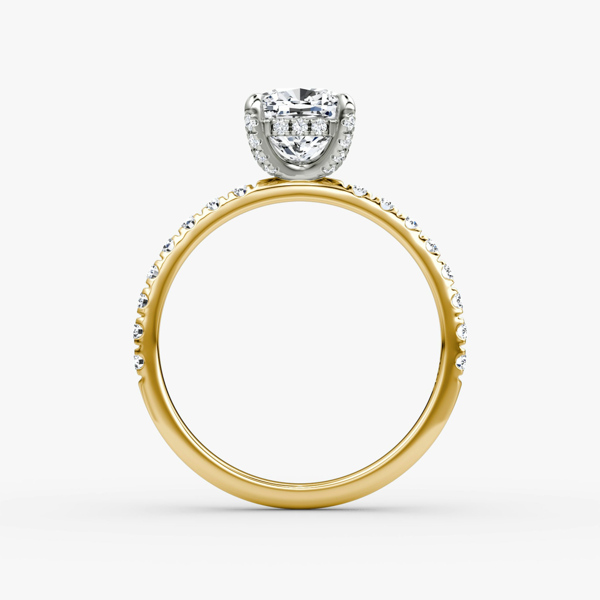 The Classic Hidden Halo | Cushion | 18k | Yellow Gold and Platinum | bandAccent: Pavé | bandWidth: large | prongStyle: Pavé | diamondOrientation: vertical | caratWeight: other