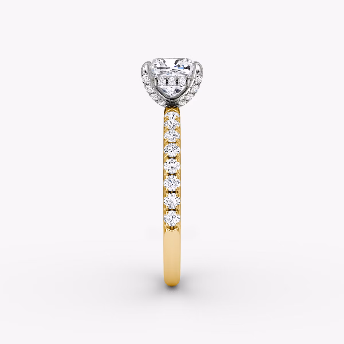 The Classic Hidden Halo | Cushion | 18k | Yellow Gold and Platinum | bandAccent: Pavé | bandWidth: large | prongStyle: Pavé | diamondOrientation: vertical | caratWeight: other