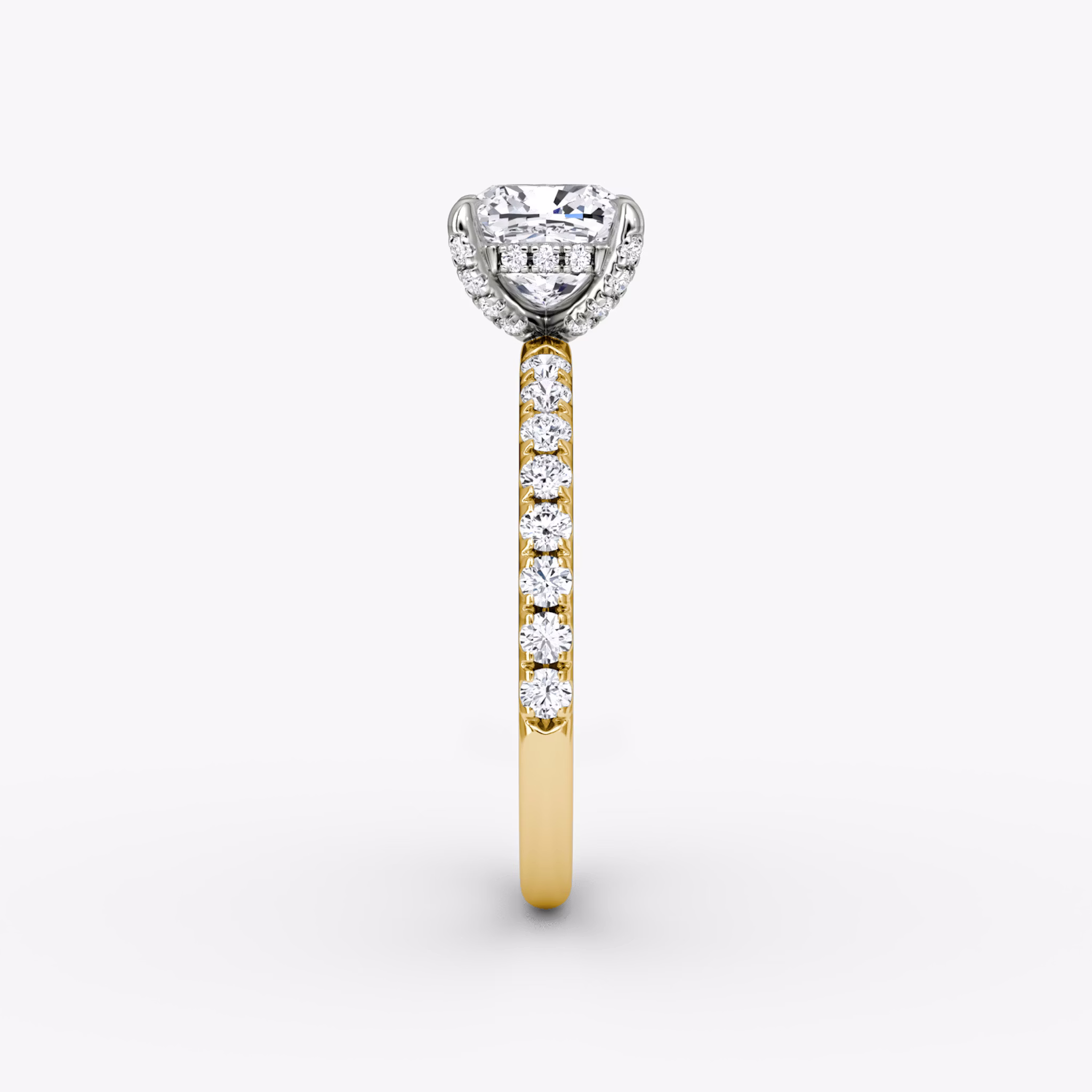 The Classic Hidden Halo | Cushion | 18k | Yellow Gold and Platinum | bandAccent: Pavé | bandWidth: large | prongStyle: Pavé | diamondOrientation: vertical | caratWeight: other