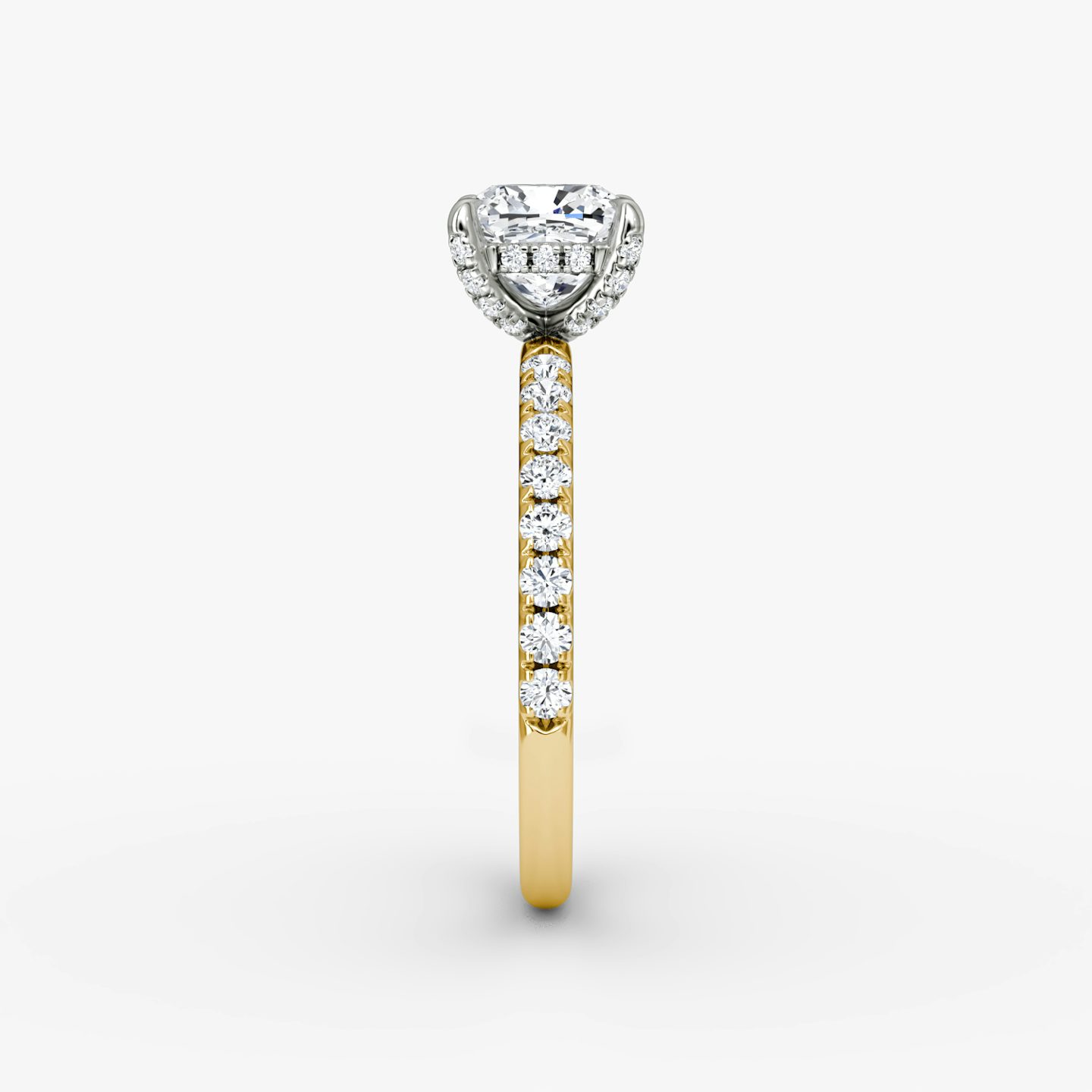 The Classic Hidden Halo | Cushion | 18k | Yellow Gold and Platinum | bandAccent: Pavé | bandWidth: large | prongStyle: Pavé | diamondOrientation: vertical | caratWeight: other
