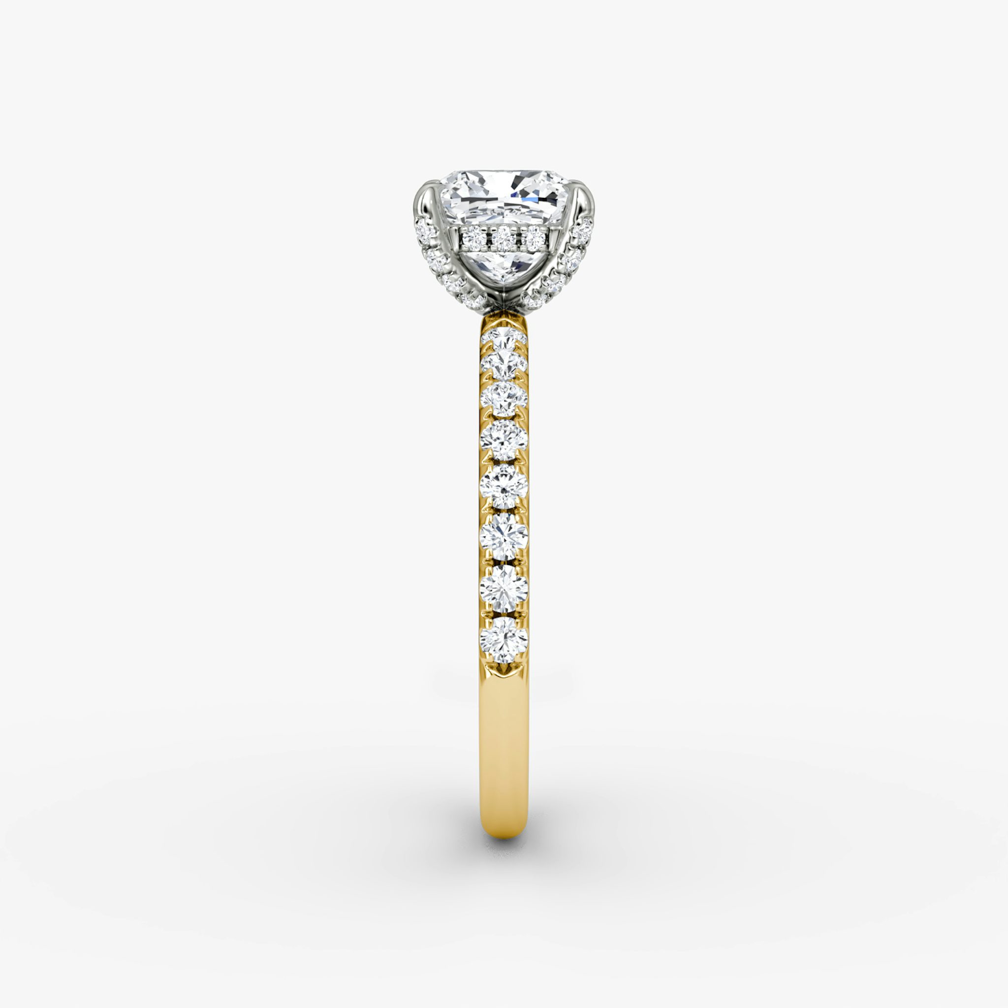 The Classic Hidden Halo | Cushion | 18k | Yellow Gold and Platinum | bandAccent: Pavé | bandWidth: large | prongStyle: Pavé | diamondOrientation: vertical | caratWeight: other