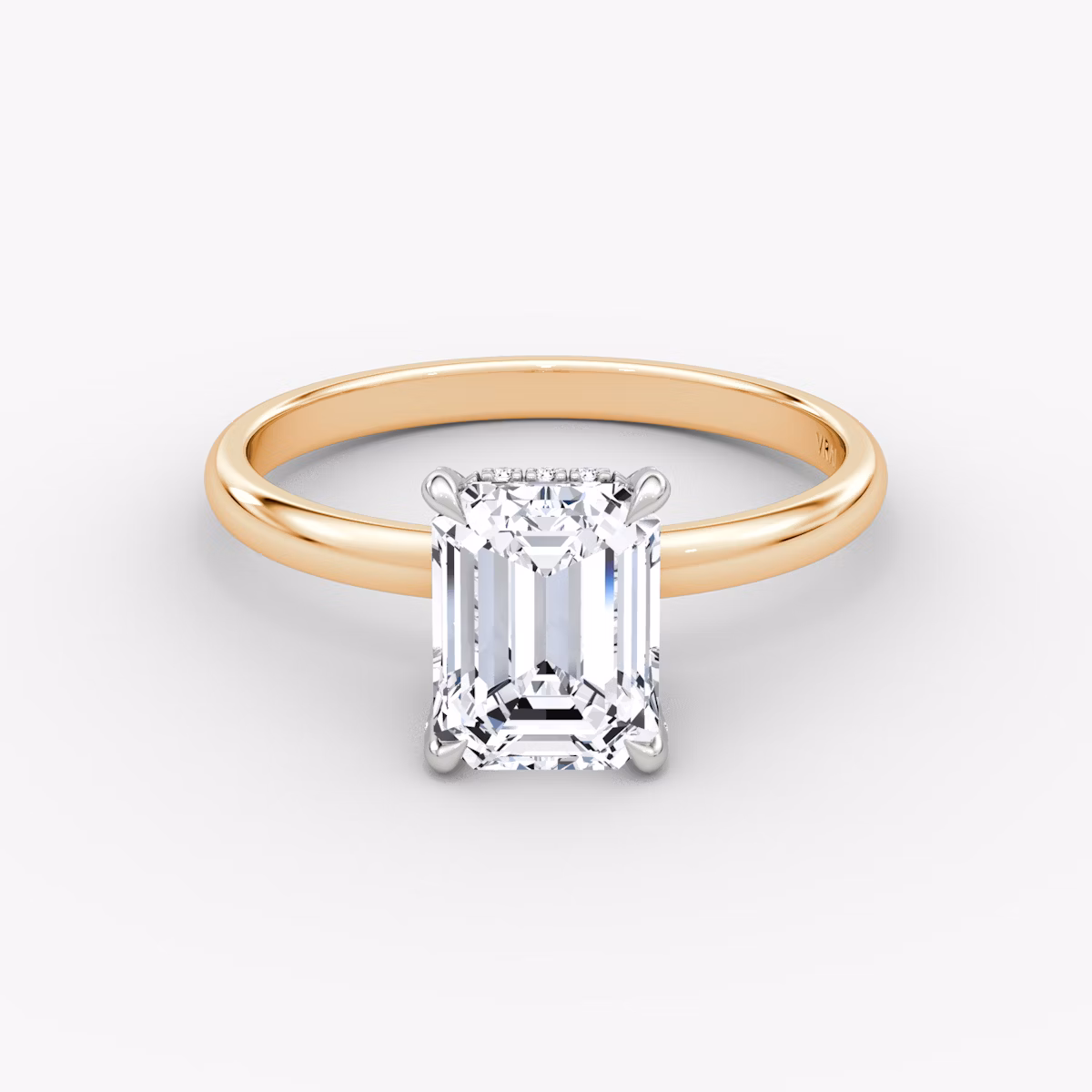 The Classic Hidden Halo | Emerald | 14k | Rose Gold and Platinum | bandAccent: Plain | bandWidth: large | prongStyle: Pavé | diamondOrientation: vertical | caratWeight: other