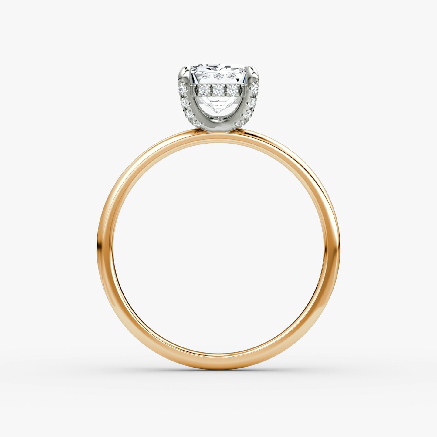 The Classic Hidden Halo | Emerald | 14k | Rose Gold and Platinum | bandAccent: Plain | bandWidth: large | prongStyle: Pavé | diamondOrientation: vertical | caratWeight: other