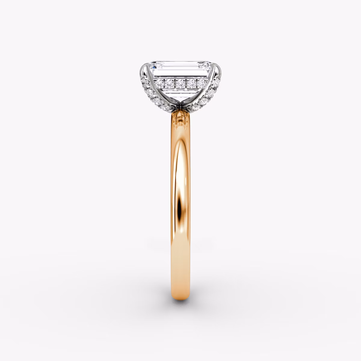 The Classic Hidden Halo | Emerald | 14k | Rose Gold and Platinum | bandAccent: Plain | bandWidth: large | prongStyle: Pavé | diamondOrientation: vertical | caratWeight: other