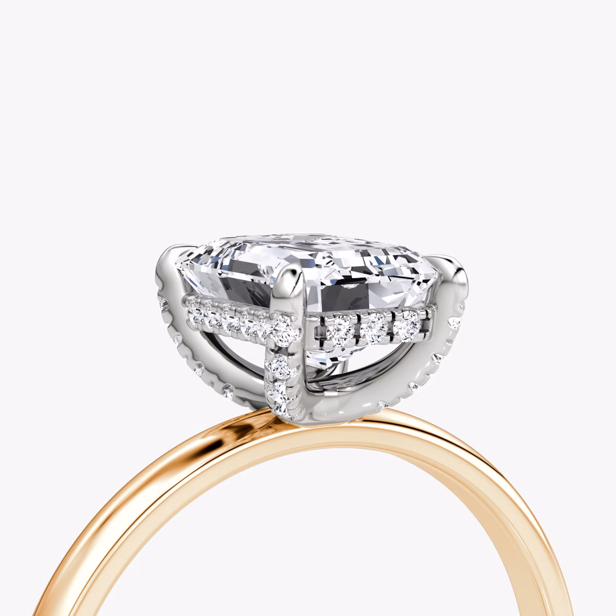 The Classic Hidden Halo | Emerald | 14k | Rose Gold and Platinum | bandAccent: Plain | bandWidth: large | prongStyle: Pavé | diamondOrientation: vertical | caratWeight: other