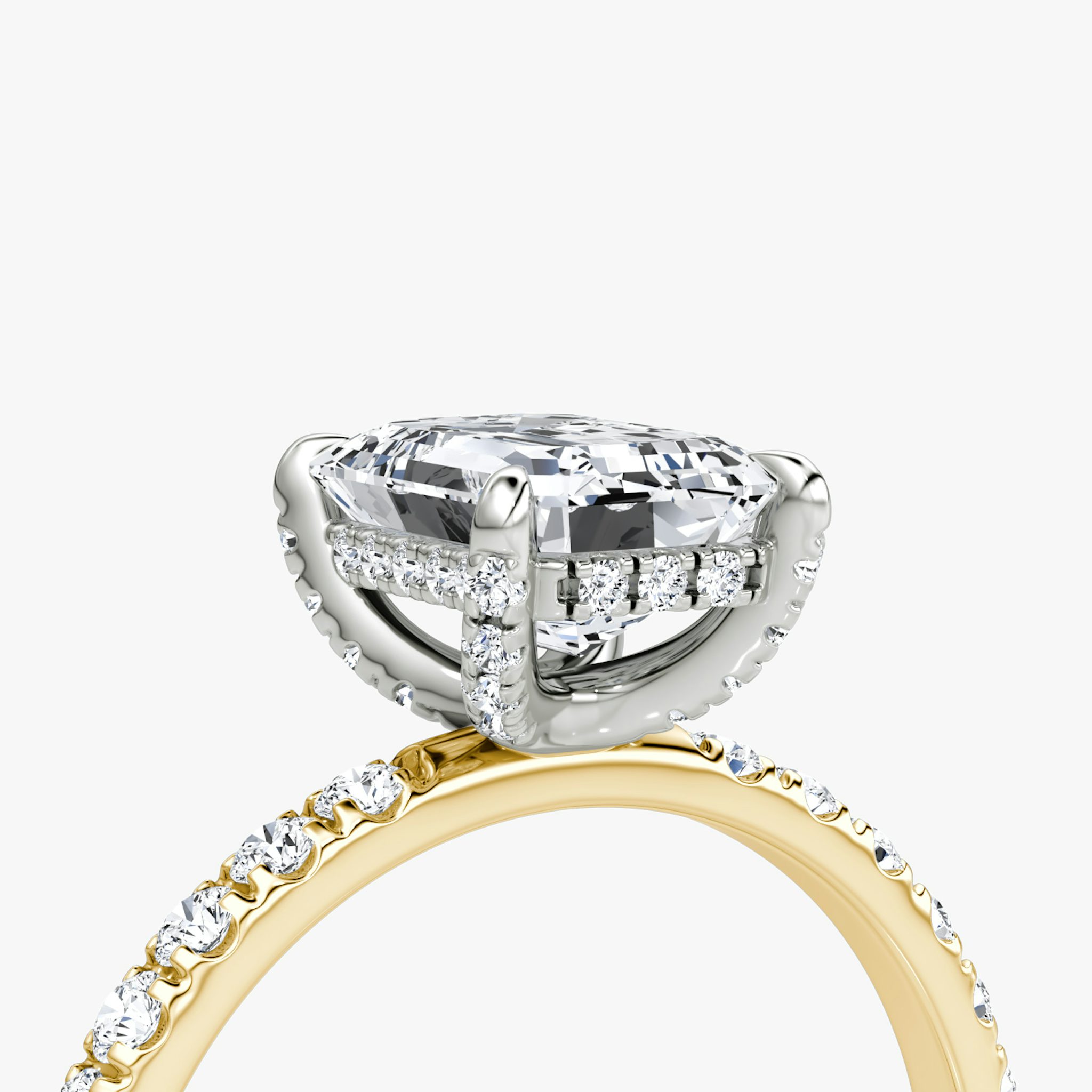 The Classic Hidden Halo | Emerald | 18k | Yellow Gold and Platinum | bandAccent: Pavé | bandWidth: large | prongStyle: Pavé | diamondOrientation: vertical | caratWeight: other