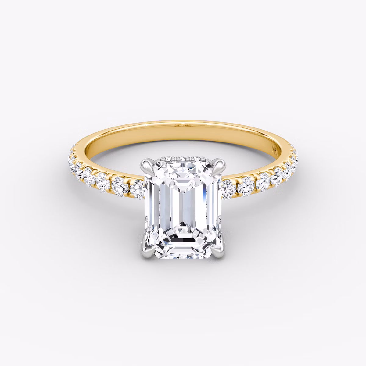The Classic Hidden Halo | Emerald | 18k | Yellow Gold and Platinum | bandAccent: Pavé | bandWidth: large | prongStyle: Pavé | diamondOrientation: vertical | caratWeight: other