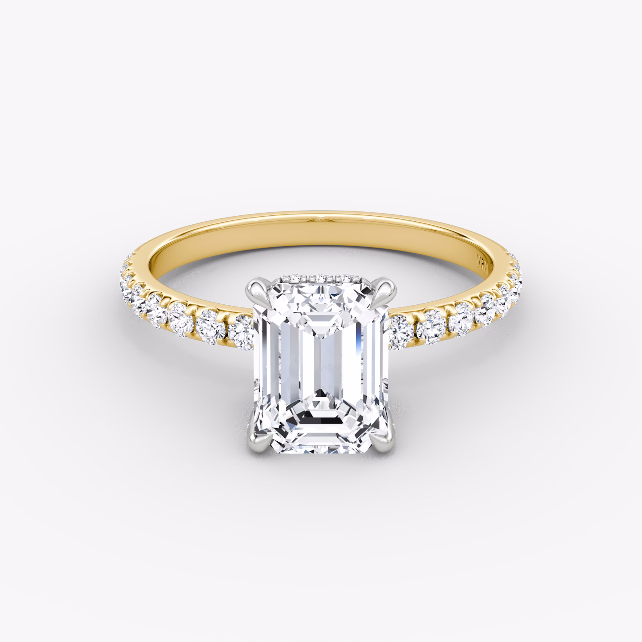 The Classic Hidden Halo | Emerald | 18k | Yellow Gold and Platinum | bandAccent: Pavé | bandWidth: large | prongStyle: Pavé | diamondOrientation: vertical | caratWeight: other