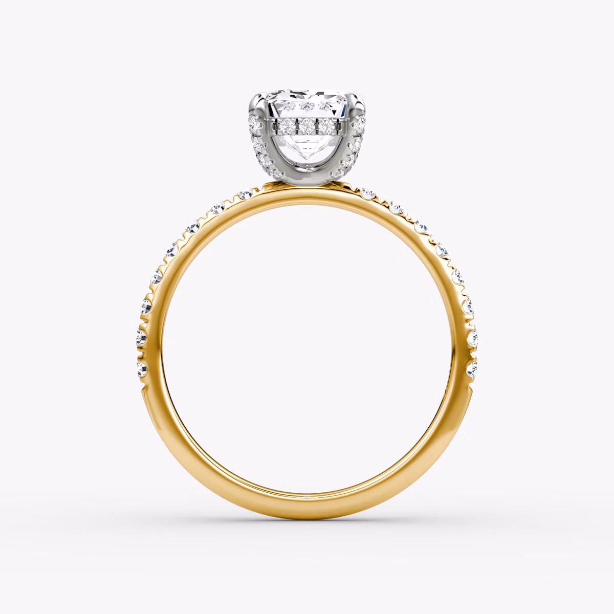 The Classic Hidden Halo | Emerald | 18k | Yellow Gold and Platinum | bandAccent: Pavé | bandWidth: large | prongStyle: Pavé | diamondOrientation: vertical | caratWeight: other