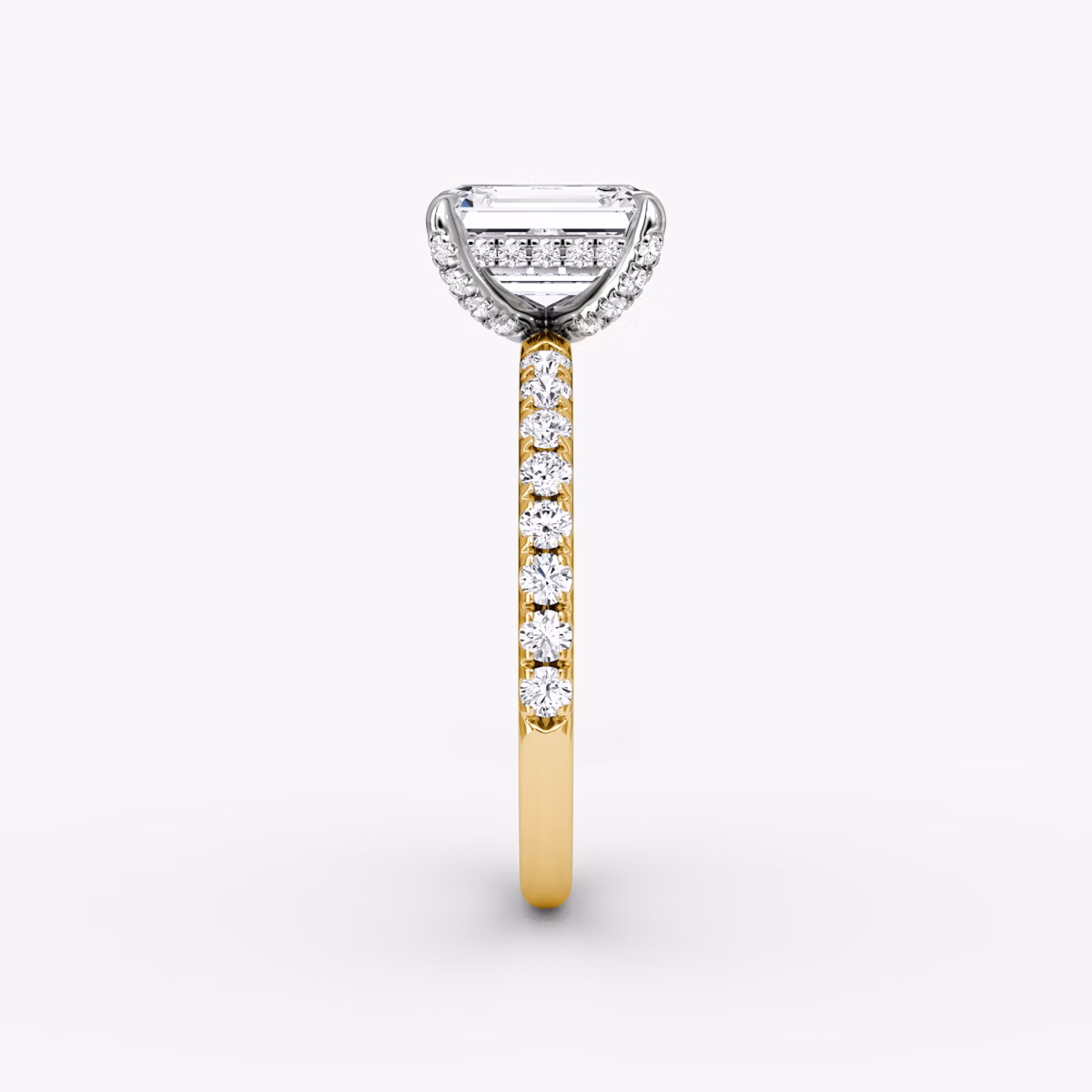 The Classic Hidden Halo | Emerald | 18k | Yellow Gold and Platinum | bandAccent: Pavé | bandWidth: large | prongStyle: Pavé | diamondOrientation: vertical | caratWeight: other