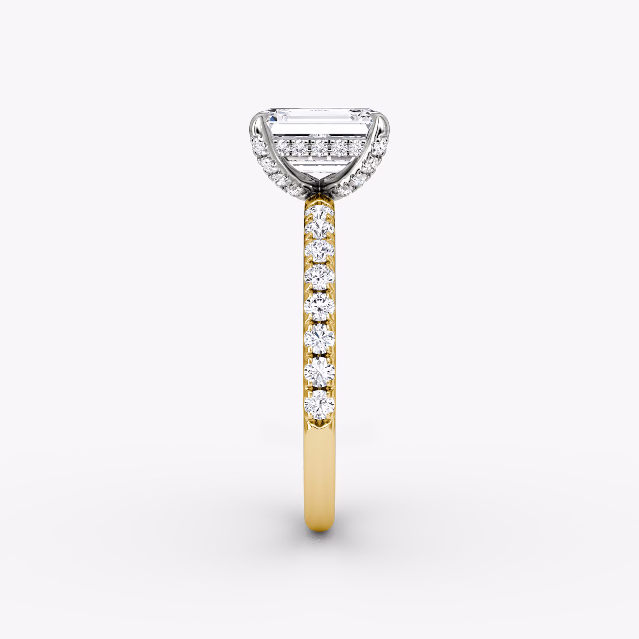 The Classic Hidden Halo | Emerald | 18k | Yellow Gold and Platinum | bandAccent: Pavé | bandWidth: large | prongStyle: Pavé | diamondOrientation: vertical | caratWeight: other