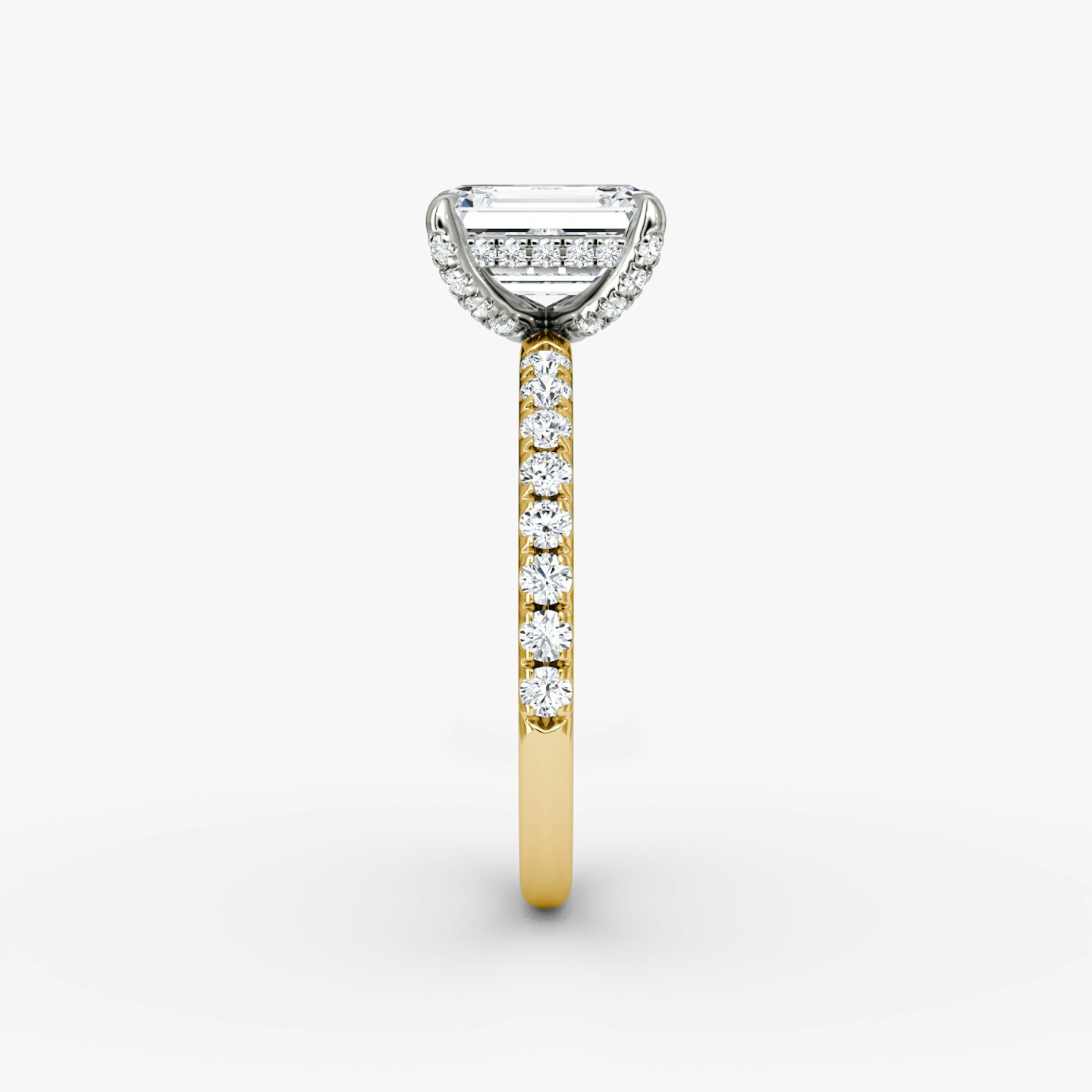 The Classic Hidden Halo | Emerald | 18k | Yellow Gold and Platinum | bandAccent: Pavé | bandWidth: large | prongStyle: Pavé | diamondOrientation: vertical | caratWeight: other