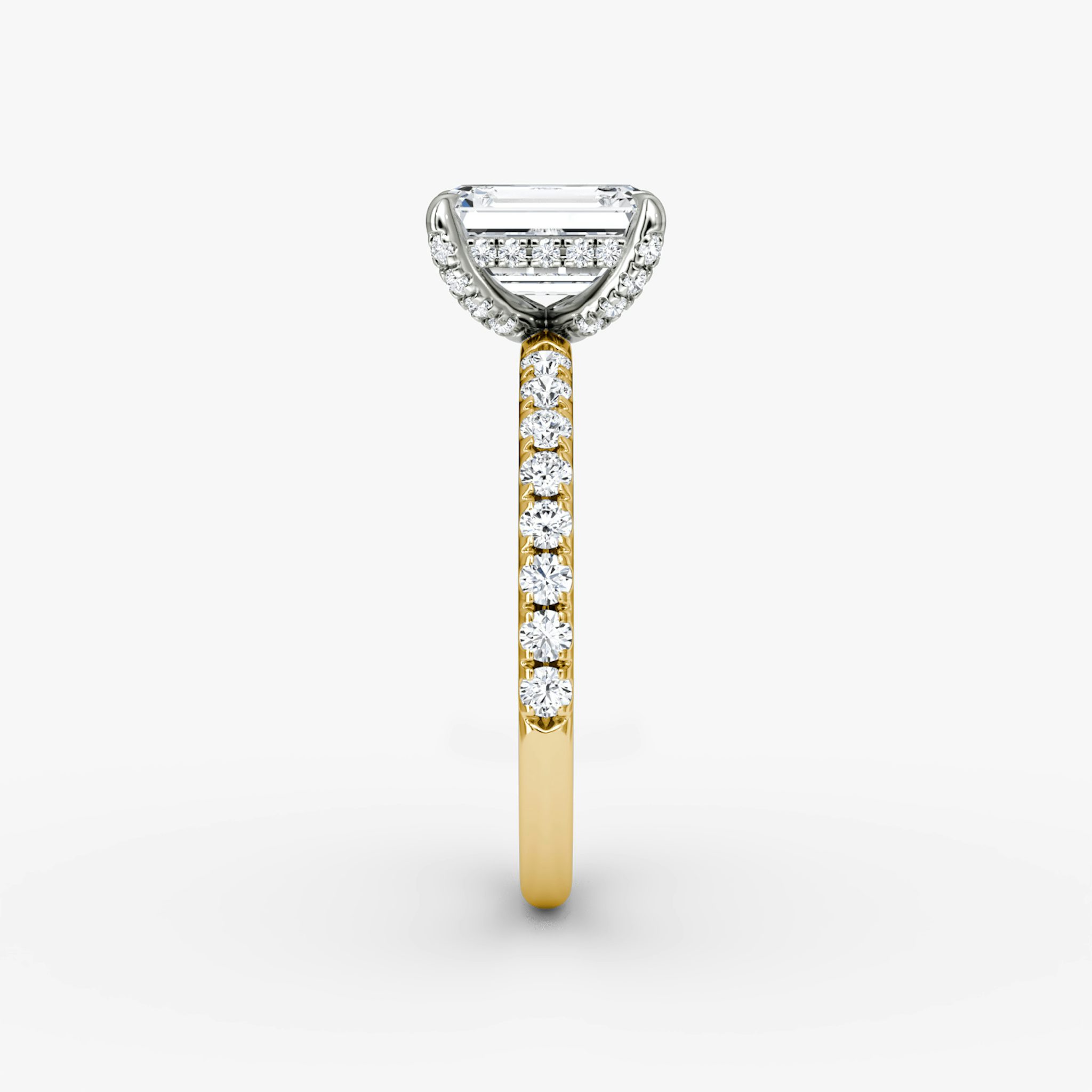 The Classic Hidden Halo | Emerald | 18k | Yellow Gold and Platinum | bandAccent: Pavé | bandWidth: large | prongStyle: Pavé | diamondOrientation: vertical | caratWeight: other