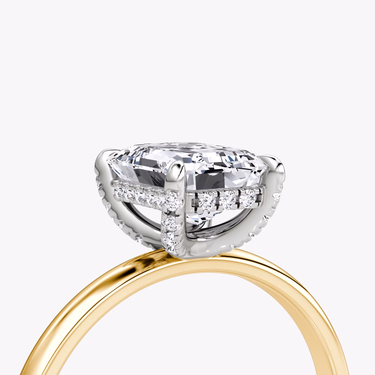 The Classic Hidden Halo | Emerald | 18k | Yellow Gold and Platinum | bandAccent: Plain | bandWidth: large | prongStyle: Pavé | diamondOrientation: vertical | caratWeight: other