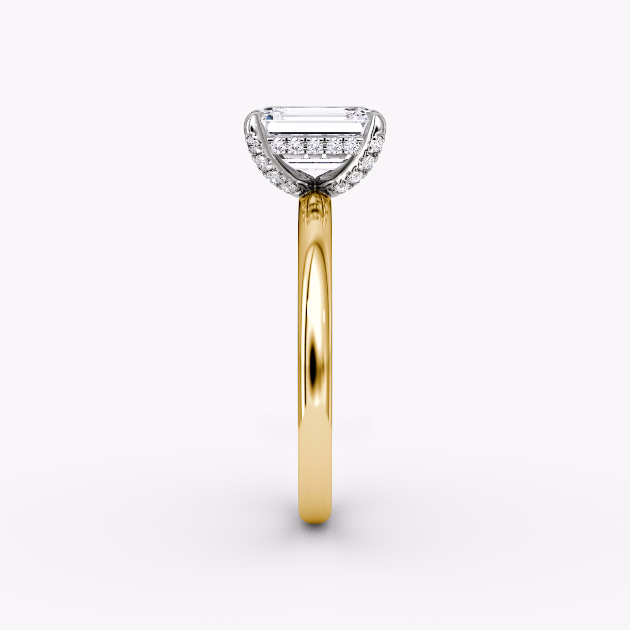 The Classic Hidden Halo | Emerald | 18k | Yellow Gold and Platinum | bandAccent: Plain | bandWidth: large | prongStyle: Pavé | diamondOrientation: vertical | caratWeight: other