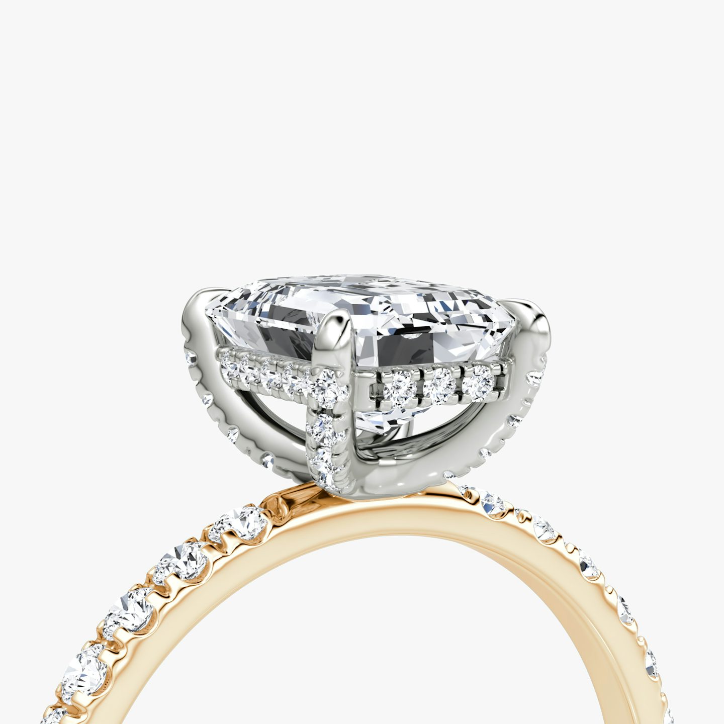 The Classic Hidden Halo | Emerald | 14k | Rose Gold and Platinum | bandAccent: Pavé | bandWidth: large | prongStyle: Pavé | diamondOrientation: vertical | caratWeight: other